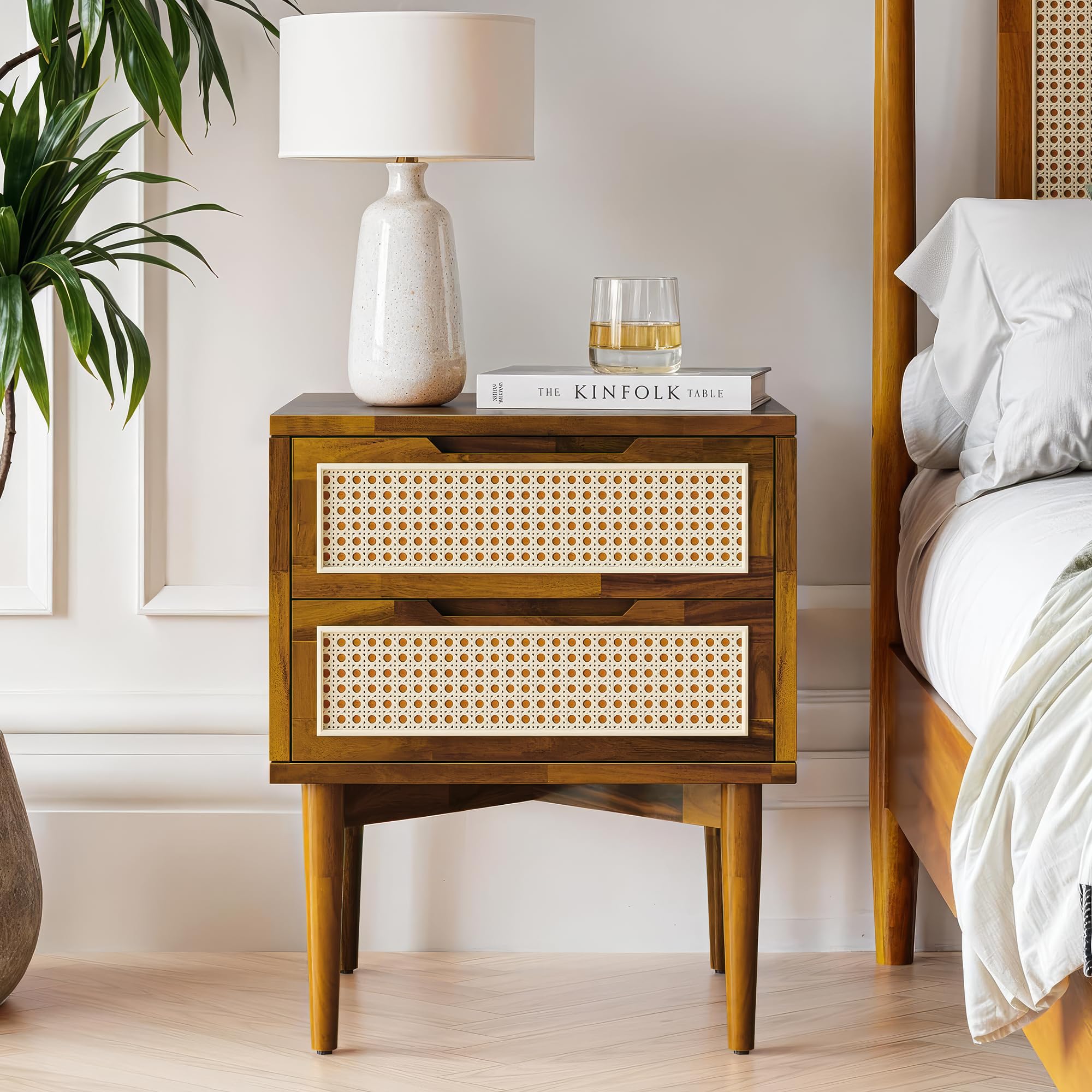 Bme Oliver Solid Wood Rattan Nightstand/Side Table/End Table, Fully Assembled, for Bohemian & Mid Century Style Bedroom and Living Room, Caramel