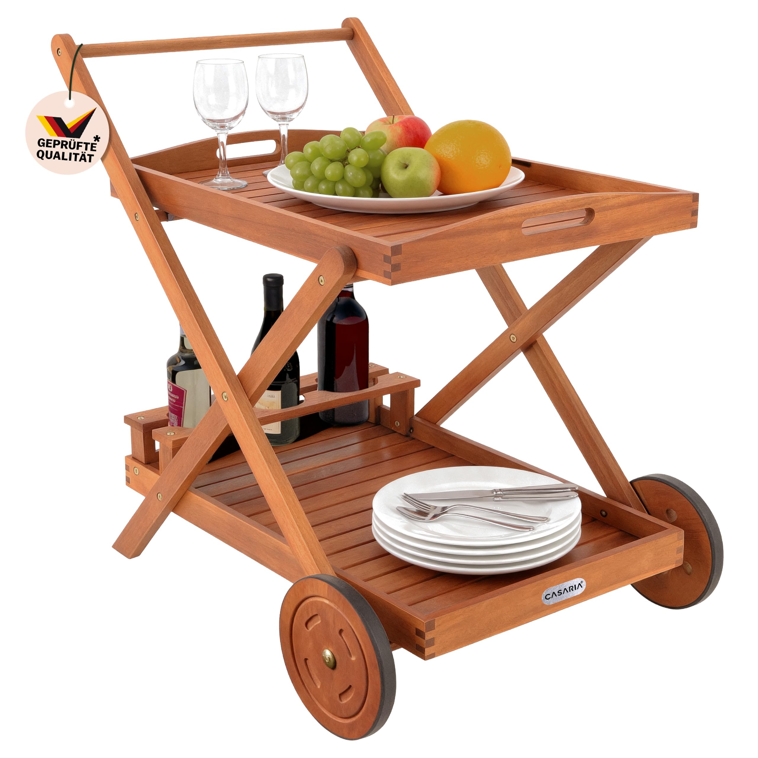Casaria® Servierwagen mit Rollen Holz FSC®- Zertifiziert Akazie 2 Etagen Tablett 3 Flaschenhalter Outdoor Küche Garten Terrasse Küchenwagen Rollwagen