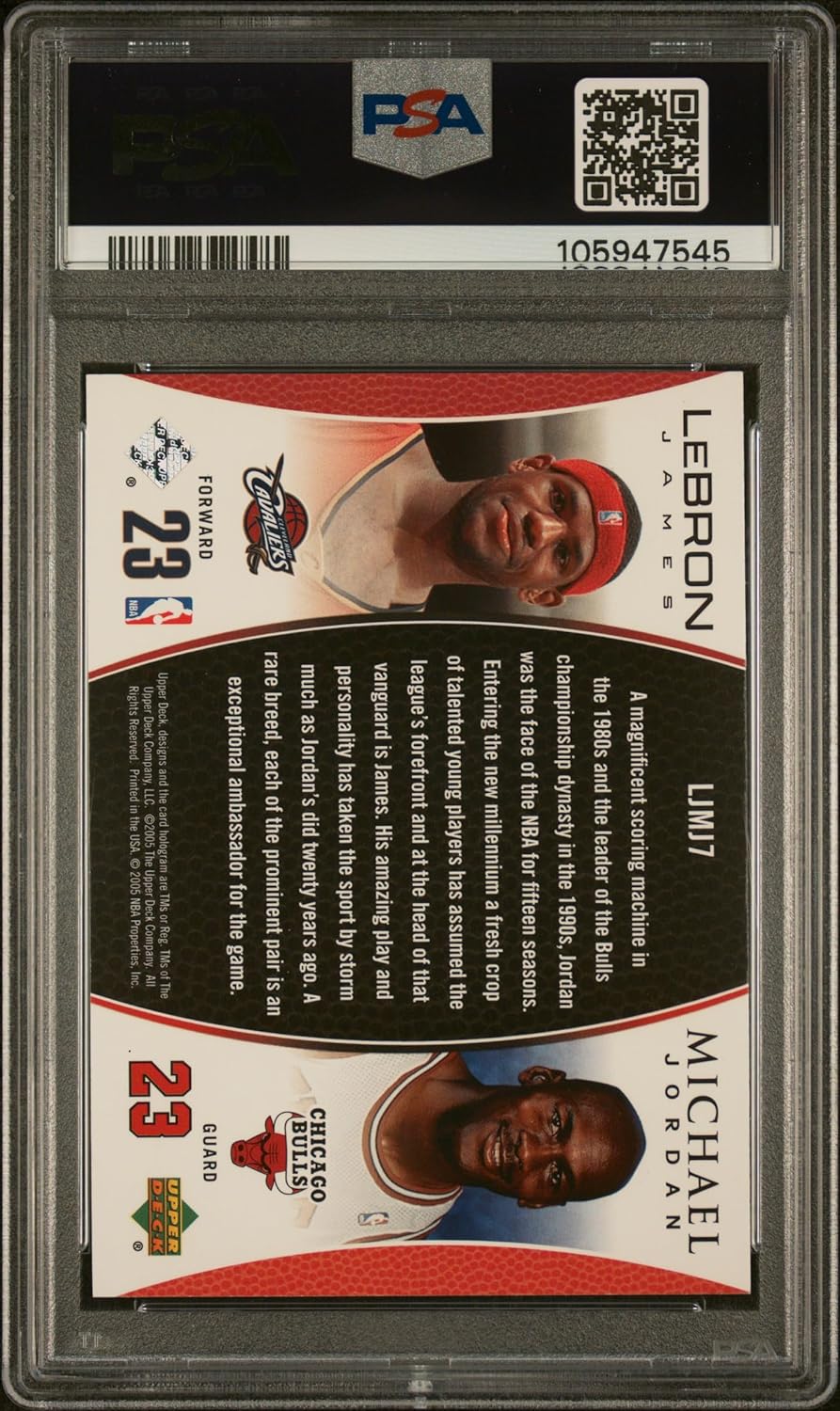Michael Jordan LeBron James 2005 Upper Deck Bonus Pack Basketball Card #LJMJ7 Graded PSA 7 Cert # 105947545