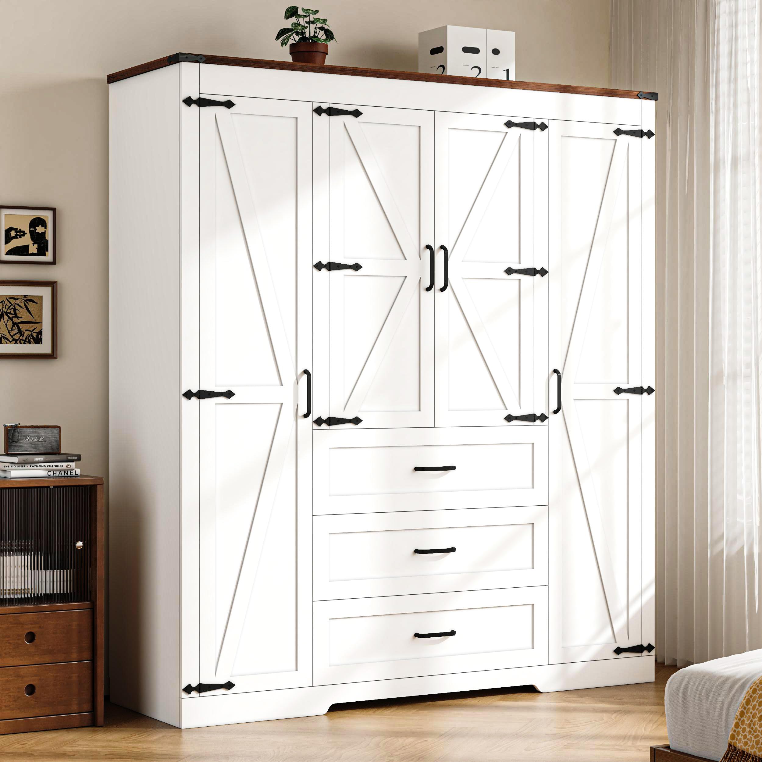 4 Door Armoire Wardrobe Closet Cabinet with 3 Drawers and Drawers, Farmhouse Bedroom Armoire with Hanging Rod and Adjustable Shelves, Large Capacity Storage Wardrobe Armoire for Bedroom, White