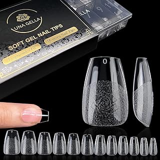 UNA GELLA Soft Gel Nails Tips Pre-file | 600 Short Coffin Gel Tips | Press On Nails 12 Sizes Full Short Coffin Nail Tips Short Coffin Fake Nails Full Cover Nail Extension Home DIY Salon with Box