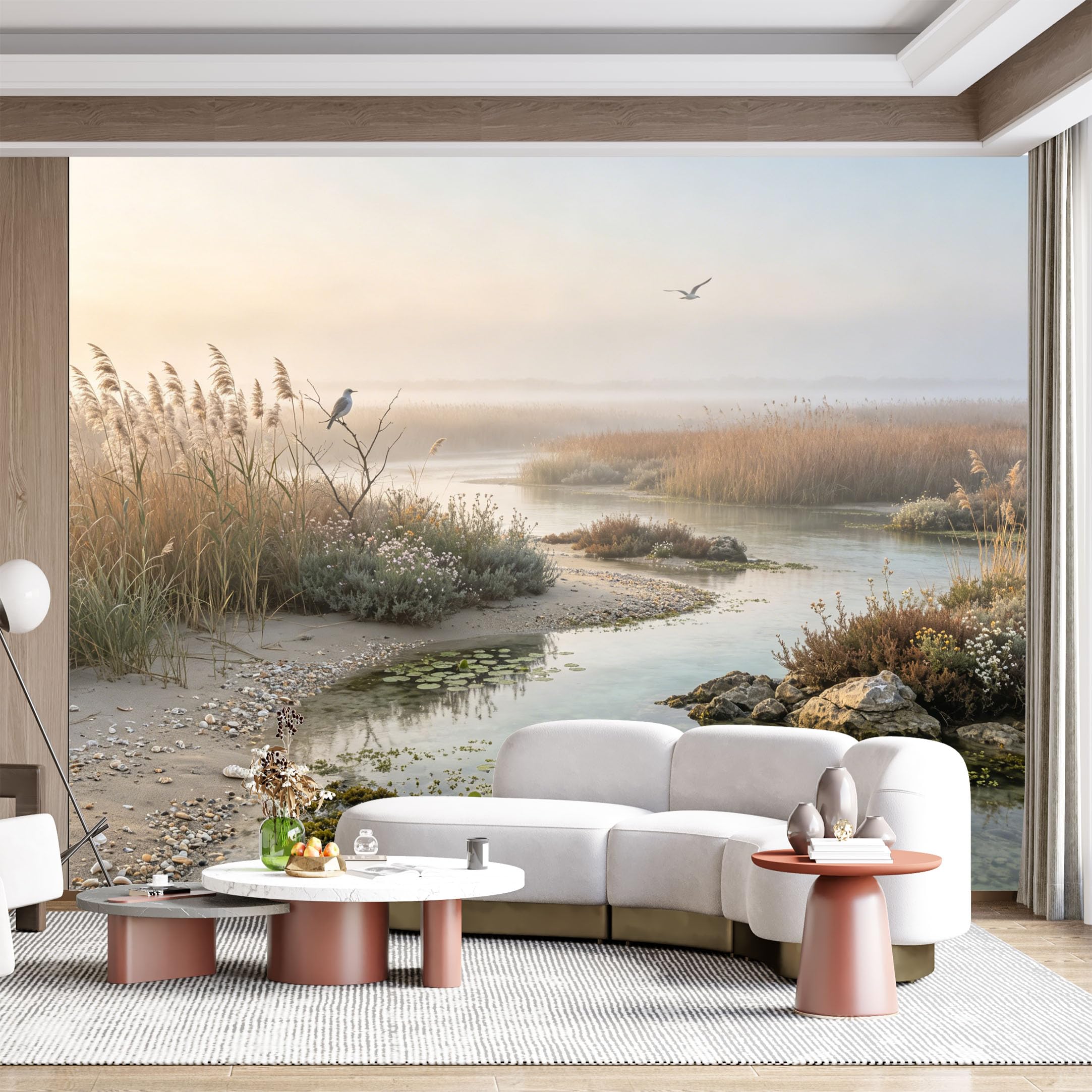Custom Size Wall Mural Tranquil Water Reeds Bird Flying Landscape Watercolor SelfAdhesive Wall Fabric Removable for Home Office Decor