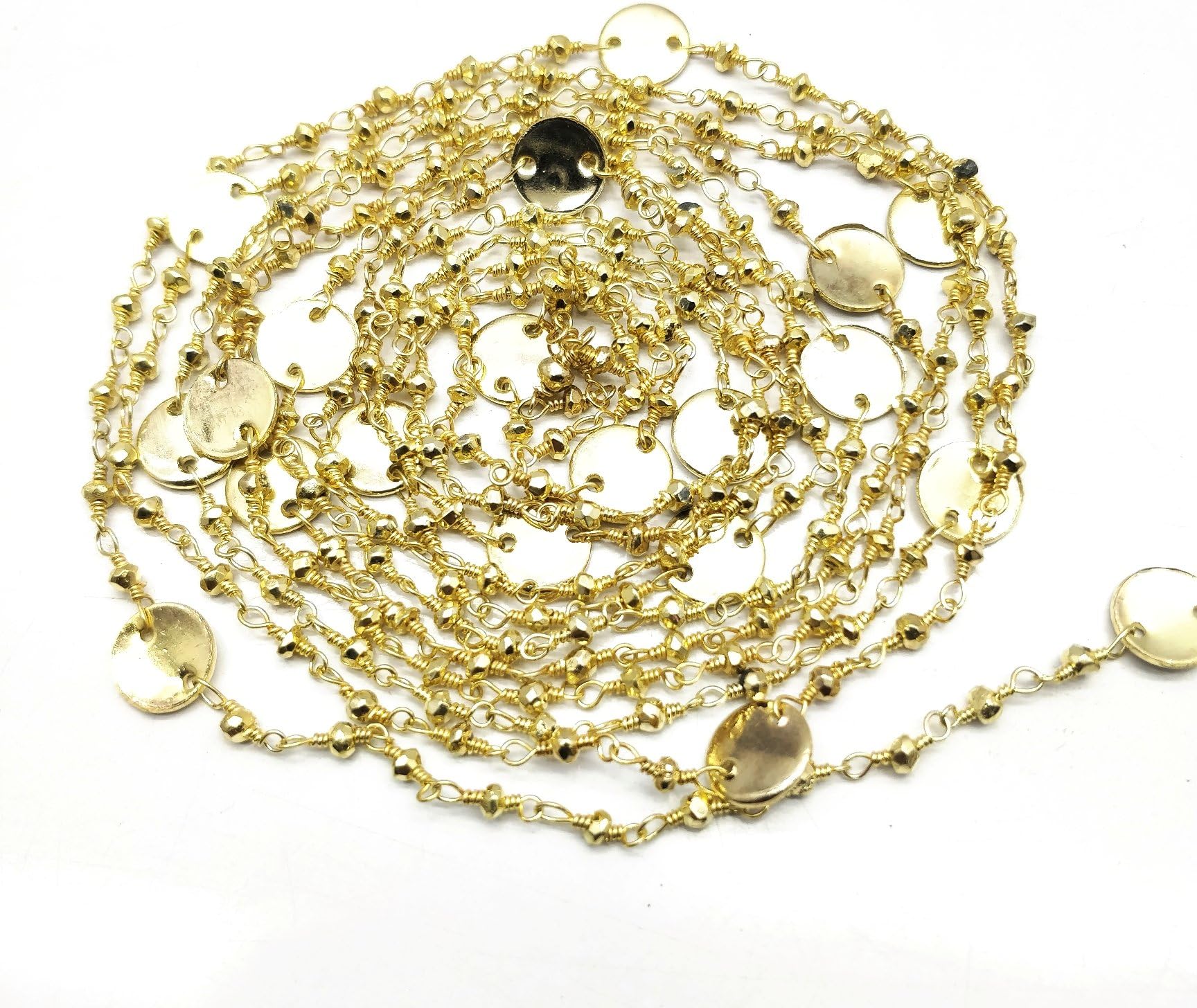 JEWELZJEWELZ 10 piedi Naturale oro pirite Tondo con ciondoli 3 mm rondelle sfaccettato in Rilievo Rosario collana placcato oro.