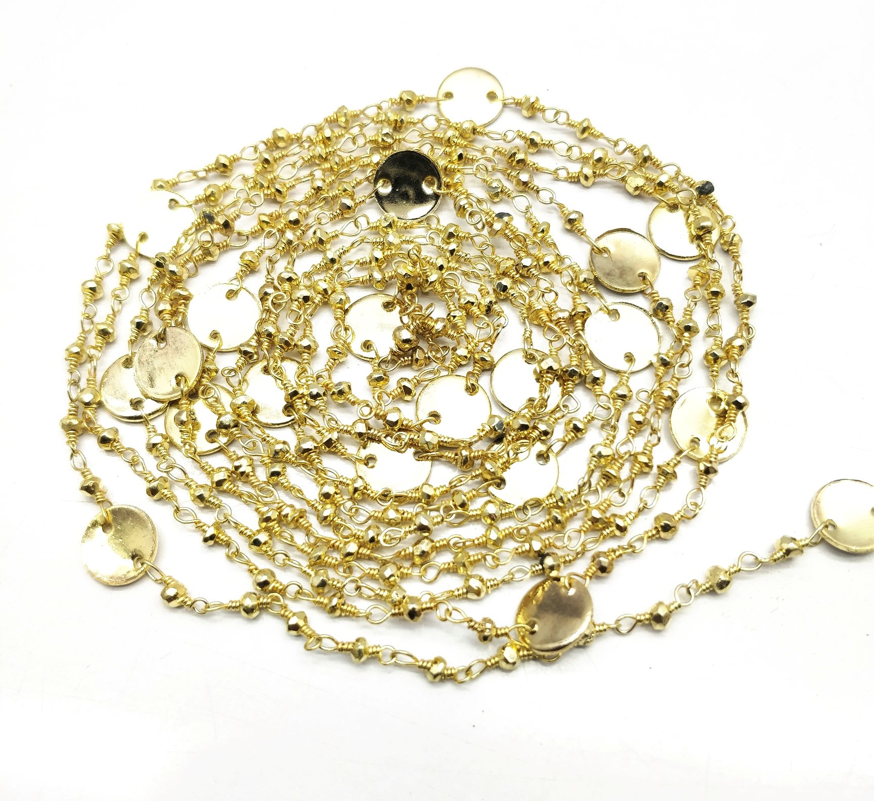 JEWELZJEWELZ 10 piedi Naturale oro pirite Tondo con ciondoli 3 mm rondelle sfaccettato in Rilievo Rosario collana placcato oro.