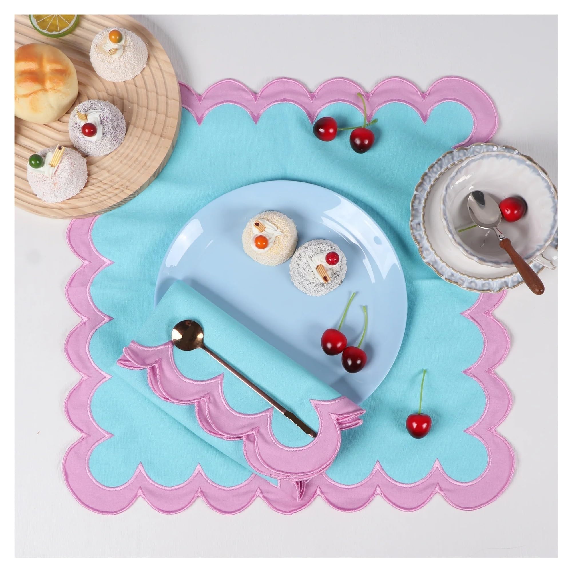 Servilletas de Tela Servilletas de algodón Grueso Reutilizables con Borde Ondulado y Doble Bordado, 1 o 4 Unidades, for Bodas, Fiestas decoración Mesa navideña(4PCS Pink Blue)