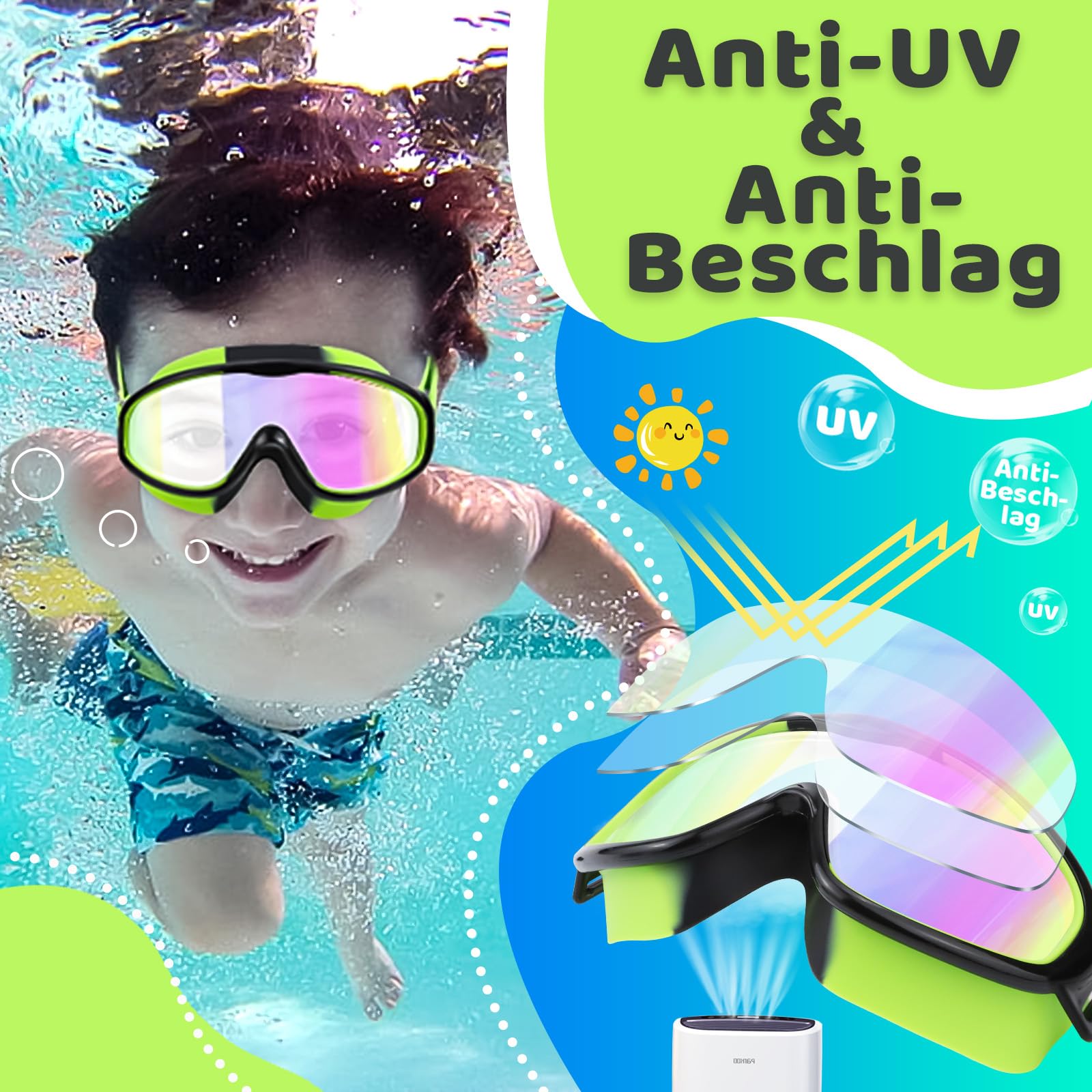 Vvinca Occhialini da nuoto per bambini con fascia in tessuto confortevole, per bambine da 3 a 14 anni