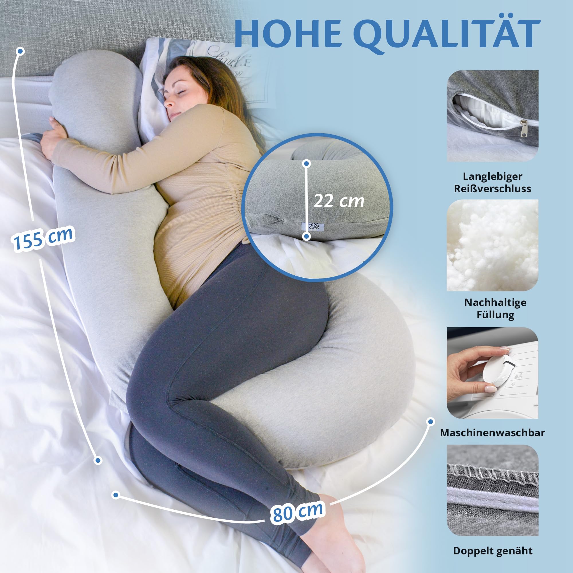 Ella Schwangerschaftskissen, J-förmiges Seitenschläferkissen, U-Kissen, Stillkissen mit waschbarem Baumwollbezug, Ganzkörperkissen & Stützkissen für Frauen, Seitenschläfer - 155 x 80 cm, grau