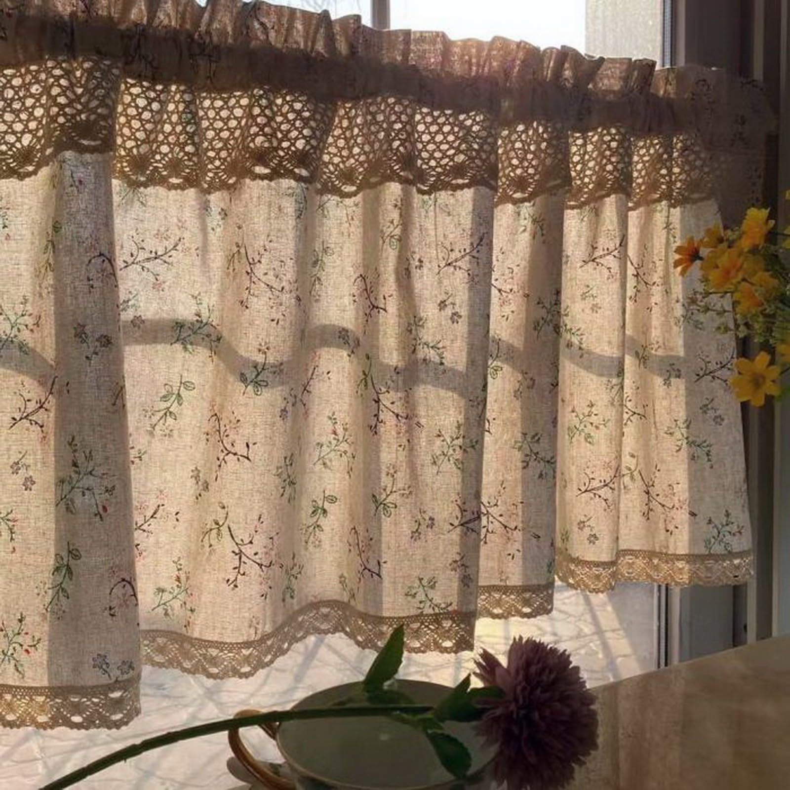 A.Monamour Cortina Cocina Ventana Puerta Corta Pequeña Granja Rural Floral Algodón Lino Ganchillo Encaje Opaco Bolsillo para Varilla Panel Cenefa Rustica Bistro para Dormitorio Café Baño Habitación