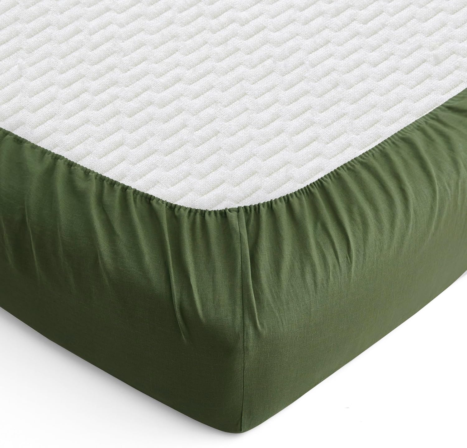 ATLINIA 100% Linen Fitted Sheet Mattress Cover - 1 Piece Stone Washed 15 Inch Deep Pocket Made from French Pure Flax Breathable Farmhouse Bedding(Green,King)
