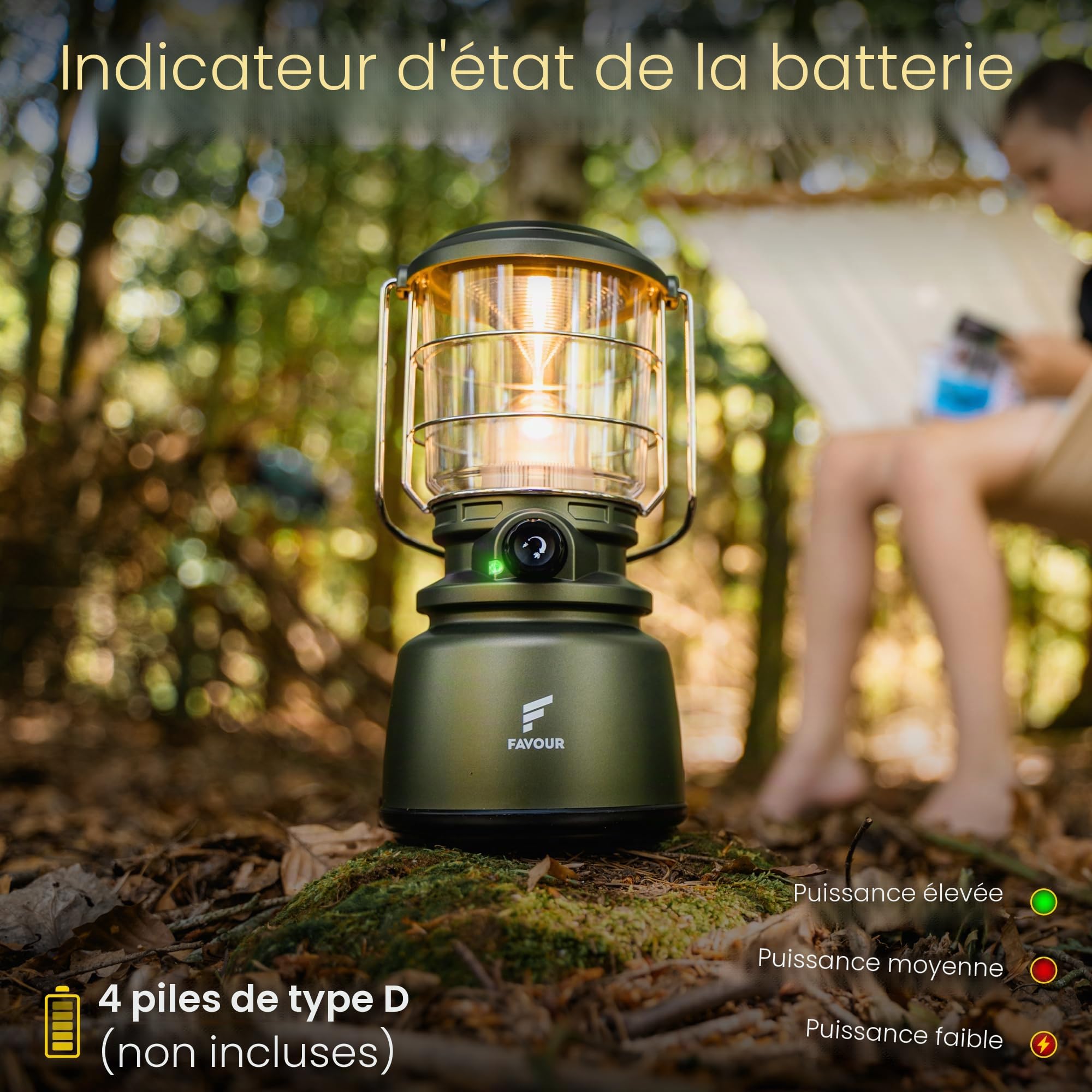Favour Lampe LED Camping puissante 1300 Lumens | Lanterne exterieur IP64 Étanche, Fonctionne sur piles, température de couleur réglable dont Mode Bougie | Lampe de tente, éclairage à 360 degrés