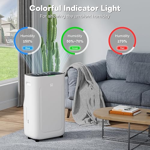 Miniatura 4 de Deshumidificador de 80 pintas para sótanos con tanque de agua grande de 6.5 litros, temporizador de 24 horas, bloqueo infantil, descongelación,