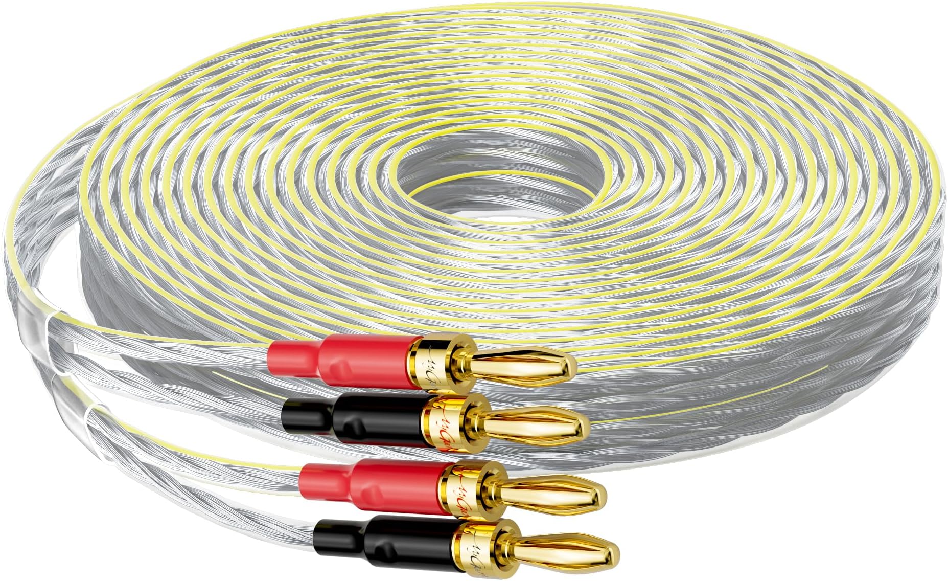 16/2 Speaker Flat Wire Cable with Banana Tip Plugs 100 FT, 16 Gauge AWG Wire, Tinned OFC Copper, Transparent Jacket with Yellow Polarity Marker, for Indoor & Outdoor, Hi-Fi