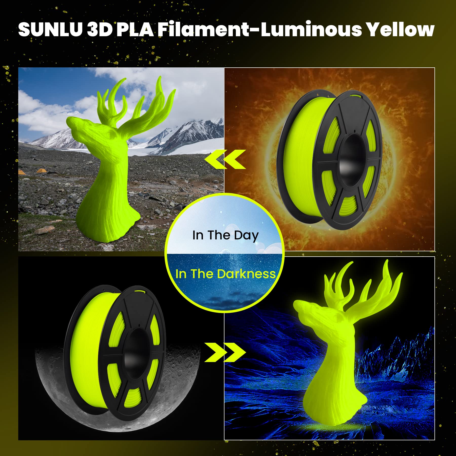 SUNLU Glow in The Dark PLA Filament 1.75 mm 3D Printer Filament, 1kg Spool 3D Printing Filament, Dimensional Accuracy +/- 0.02 mm for 3D Printer and 3D Pen, Luminous Yellow