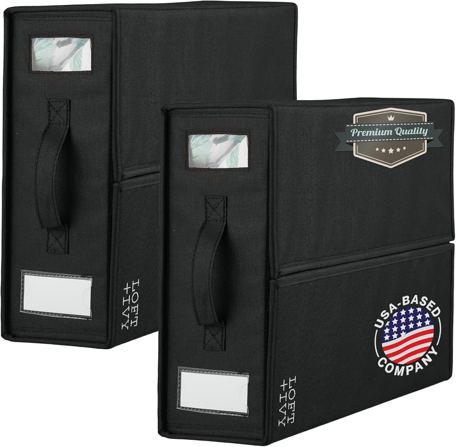 LOFT + IVY Sheet Organizers and Storage – Bed Sheet Holders Box for Linen Closet, Foldable Bedding Storage with Handles, Label Slot, Closure – Black, 2-Pack