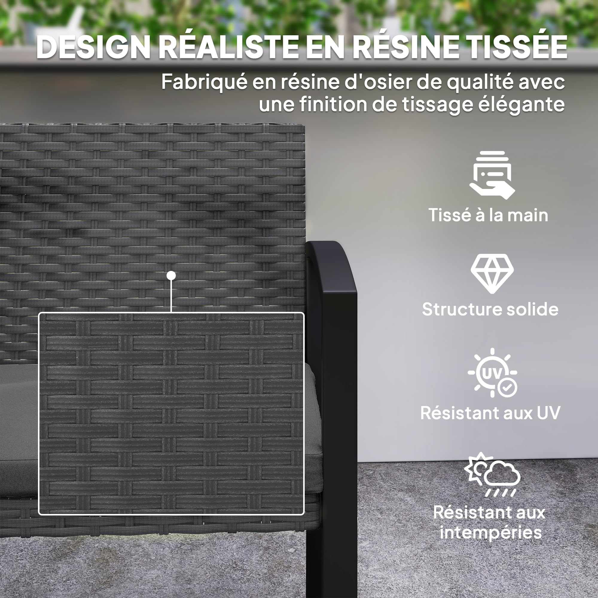 Outsunny Banc de Jardin 2 Places, Banc d'extérieur en résine tressée PE avec Coussin, Banquette de Patio avec accoudoirs, Structure en Acier galvanisé, Gris et Noir