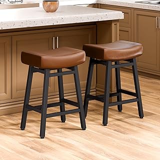 24-Inch Counter Height Bar Stools (Set of 2) - Brown Leather Saddle Seat with Heavy Duty Metal Base for Workshop Counters