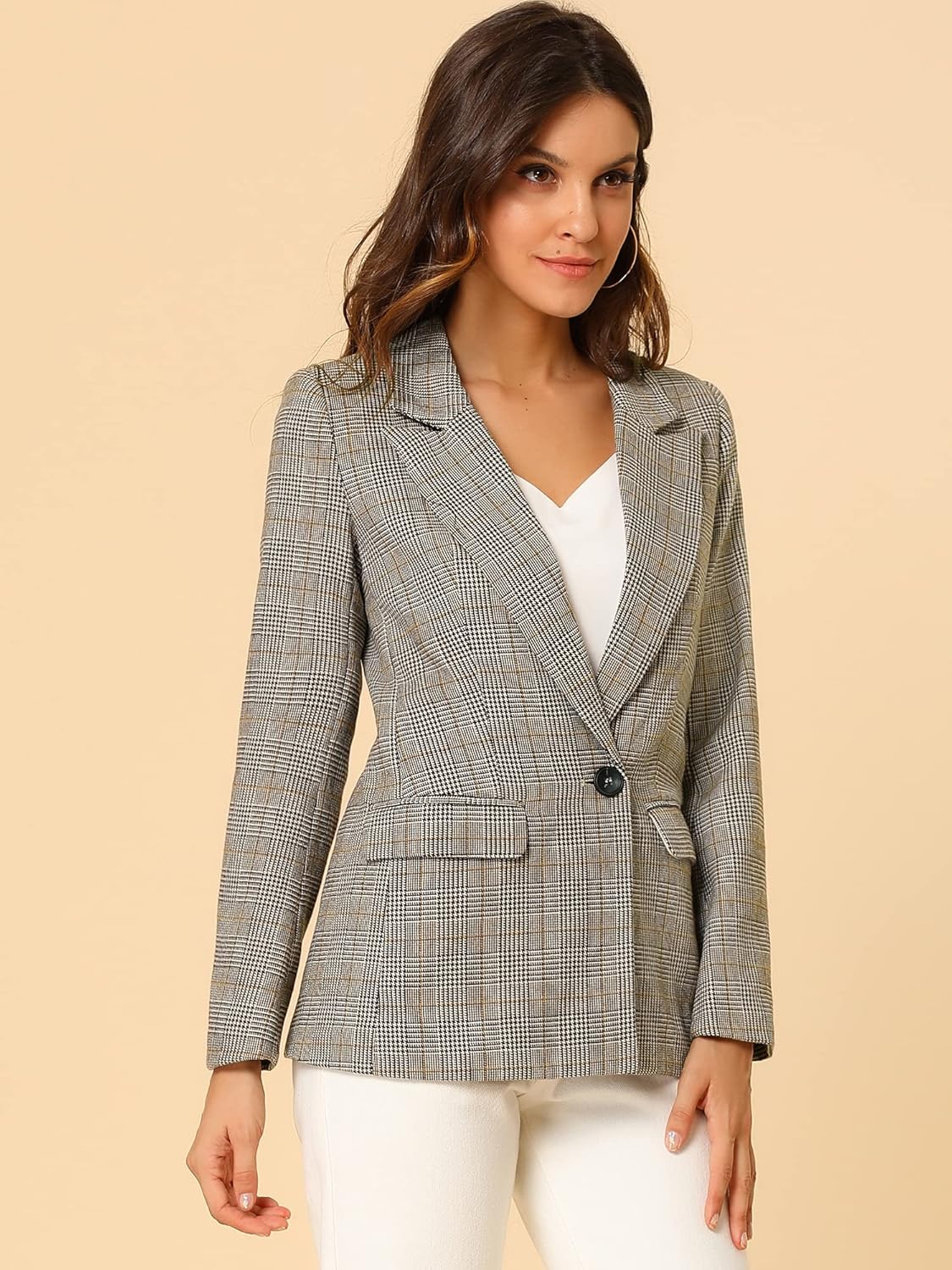 Allegra K Women's Notched Lapel One Button Boyfriend Blazer Suit Houndstooth Work Office Blazers Jacket