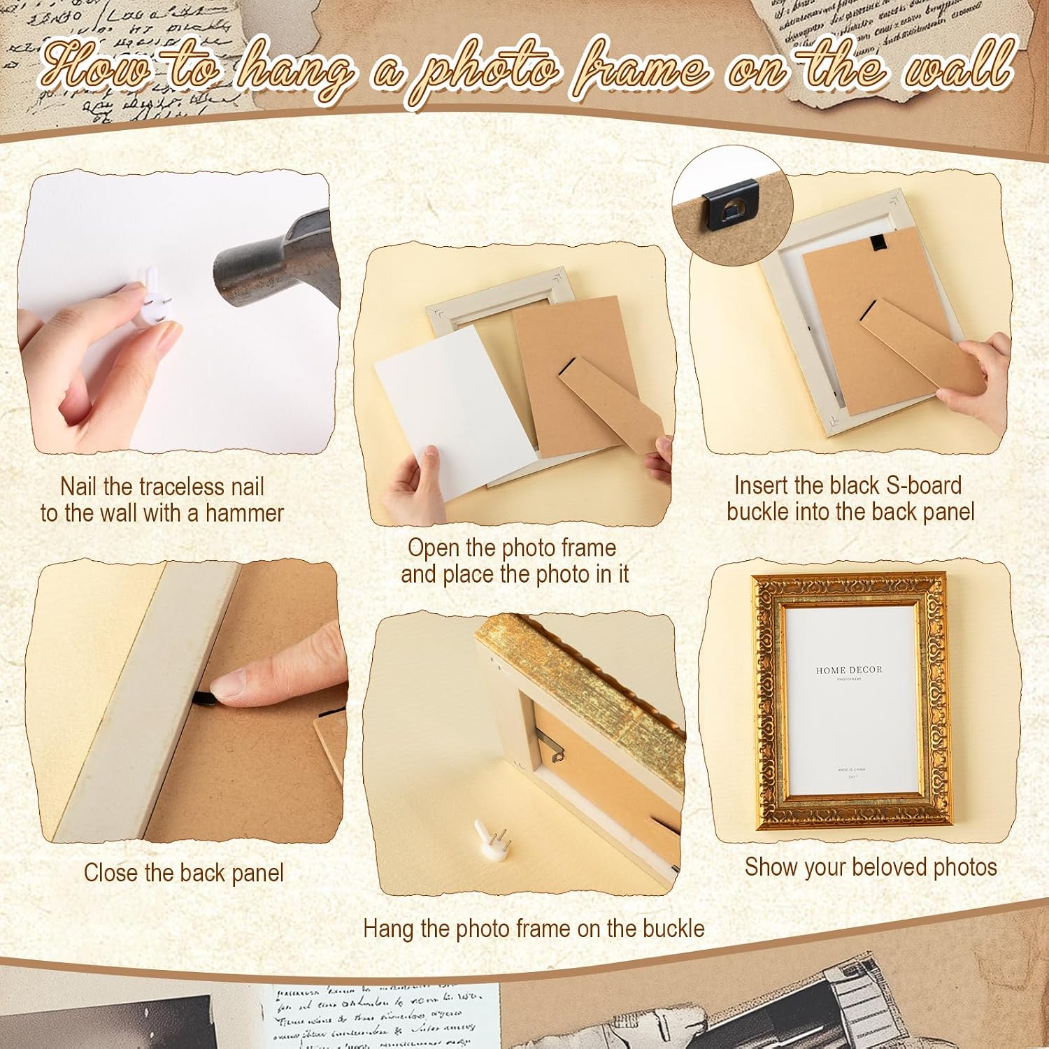 10 Pcs Vintage Picture Frames Resin Photo Frame with Non Trace Nail and S Shaped Buckle Elegant Classical Ornaments for Wall Display for Hotel Home Wedding Decoration (Antique Gold)