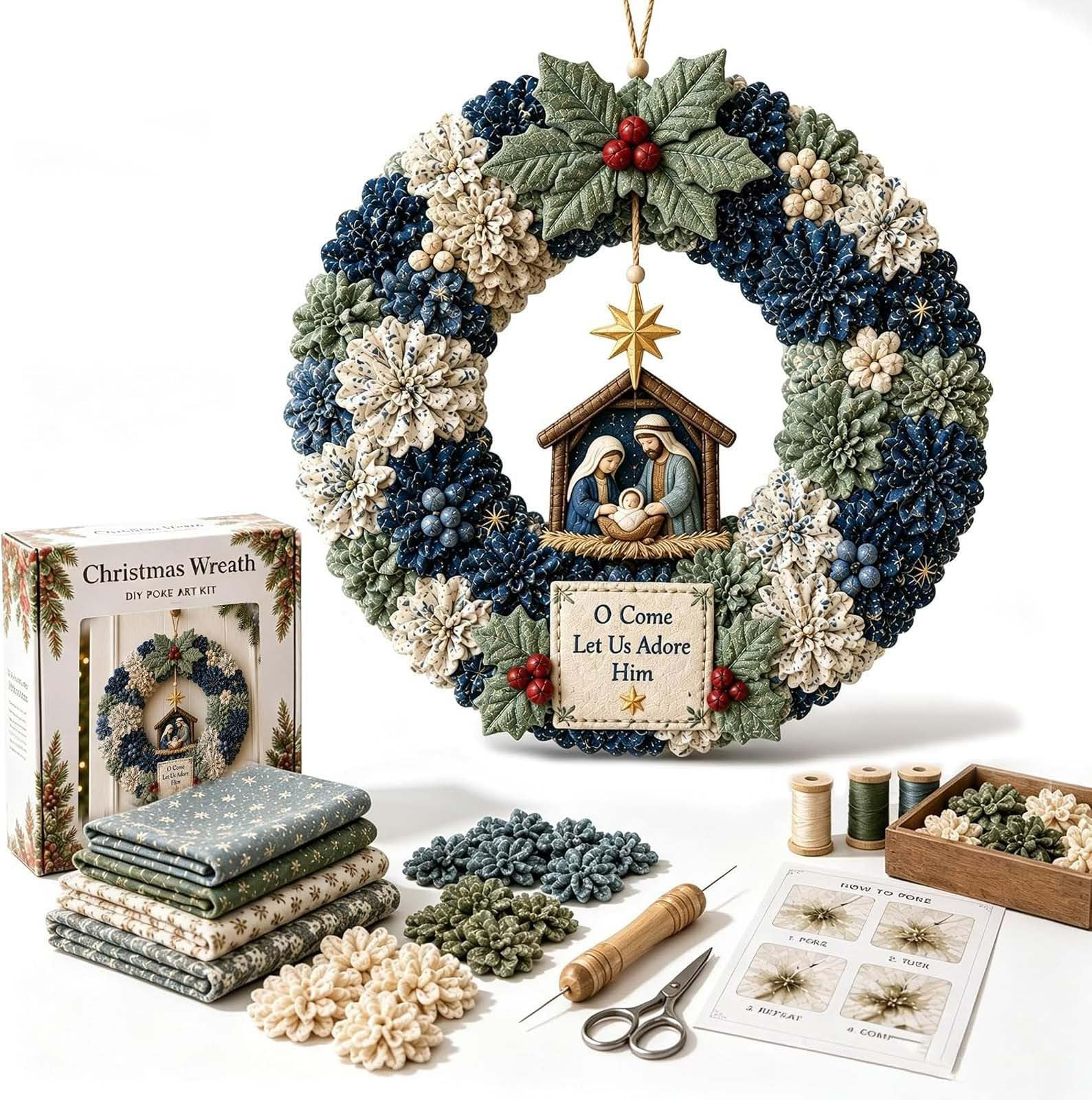 3D Fabric Poke Wreath DIY Kit, Christmas Wreath Making Kit for Adults