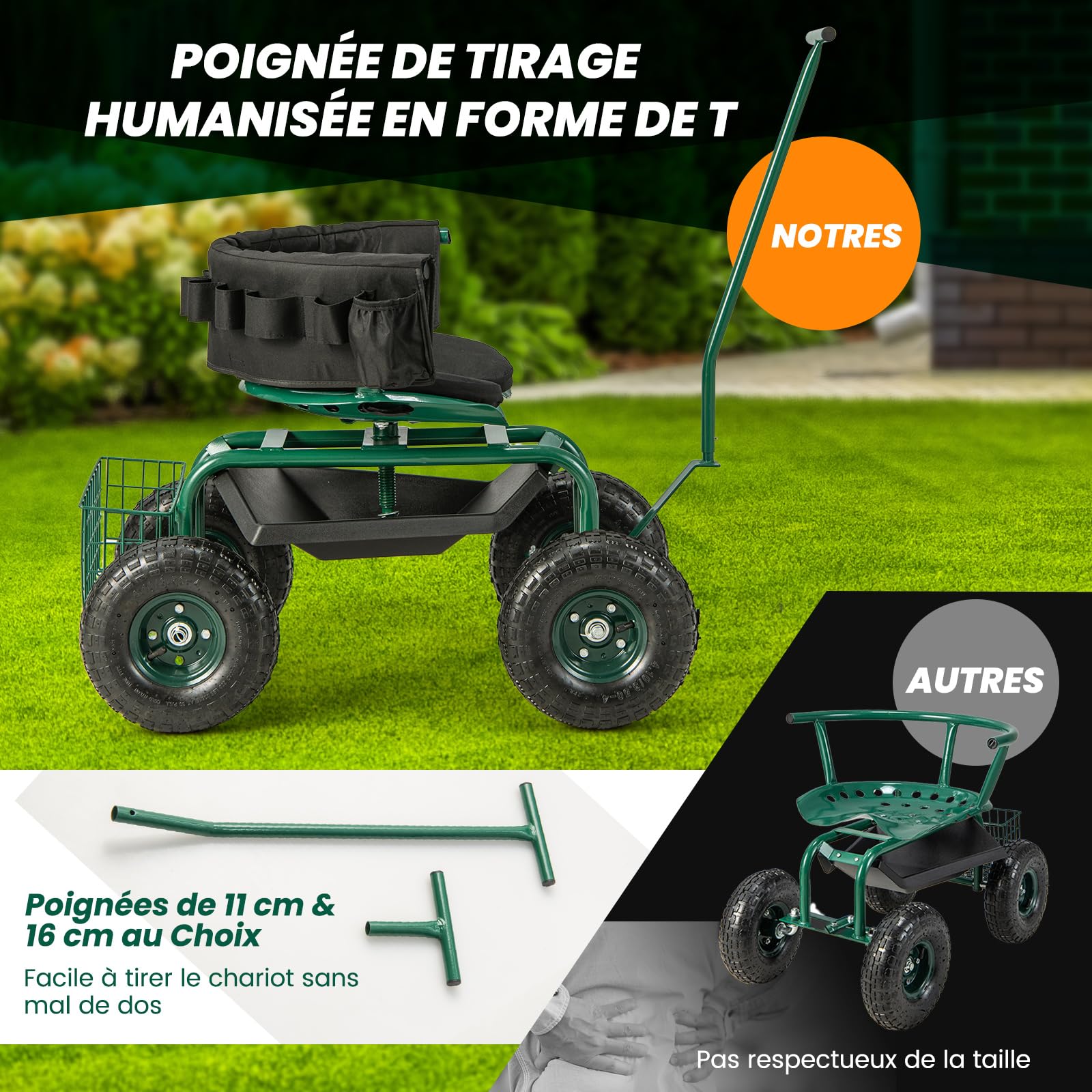 RELAX4LIFE Siège de Jardinage Roulant, Chariot de Jardin avec Siège Pivotant et Hauteur Réglable, 2 Poignées, Coussin de Siège Amovible, Plateau à Outils, Siège de Travail pour Jardiner