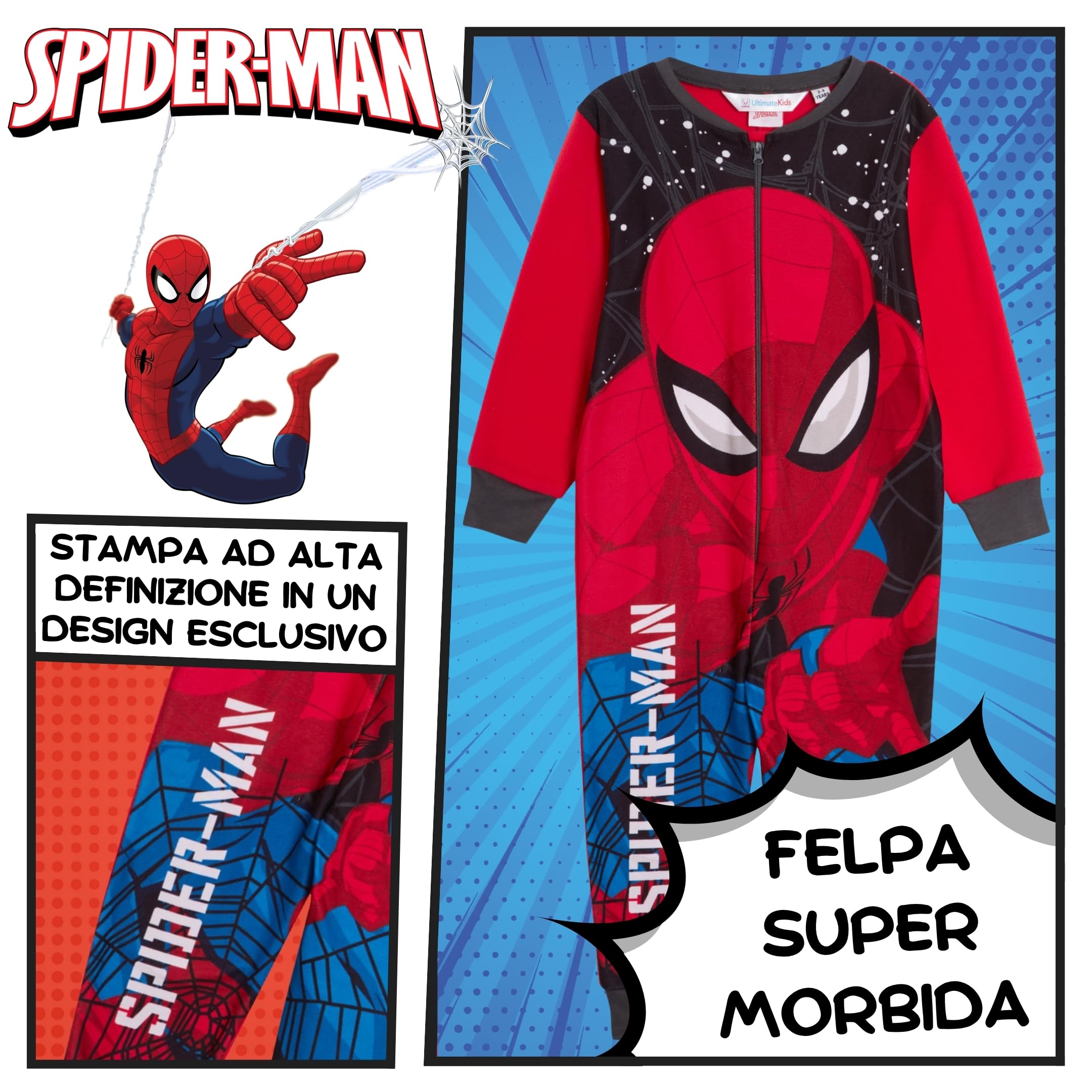 Marvel Il Pigiama Ufficiale di Spiderman per Ragazzi, in Pile, Completo, Pigiami Bambini, Pjs, con Zip, Abbigliamento da casa