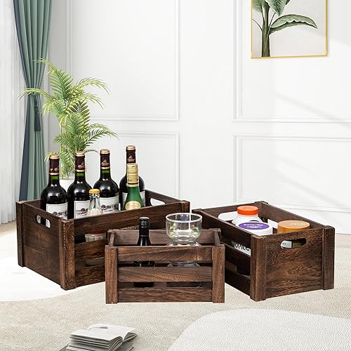 Miniatura 3 de Cajas grandes de madera negra vintage para exhibición,Juego de 3 cajas de madera con asas,Cajas de madera rústicas hechas a mano para almacenamiento