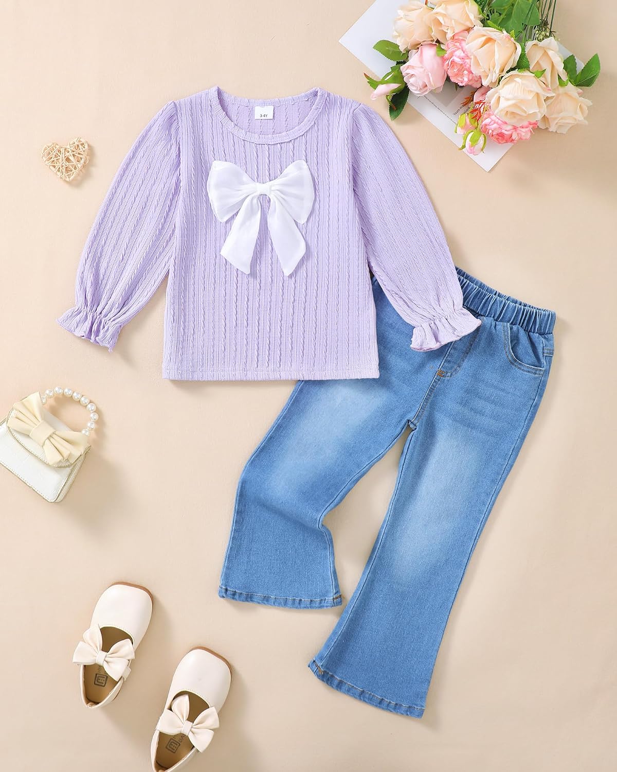 Kucnuzki Girls 2 Piece Outfit Set, Long Sleeve Bow Sweatshirt Top and Denim Pants Set, Casual Clothes for Toddler Girls
