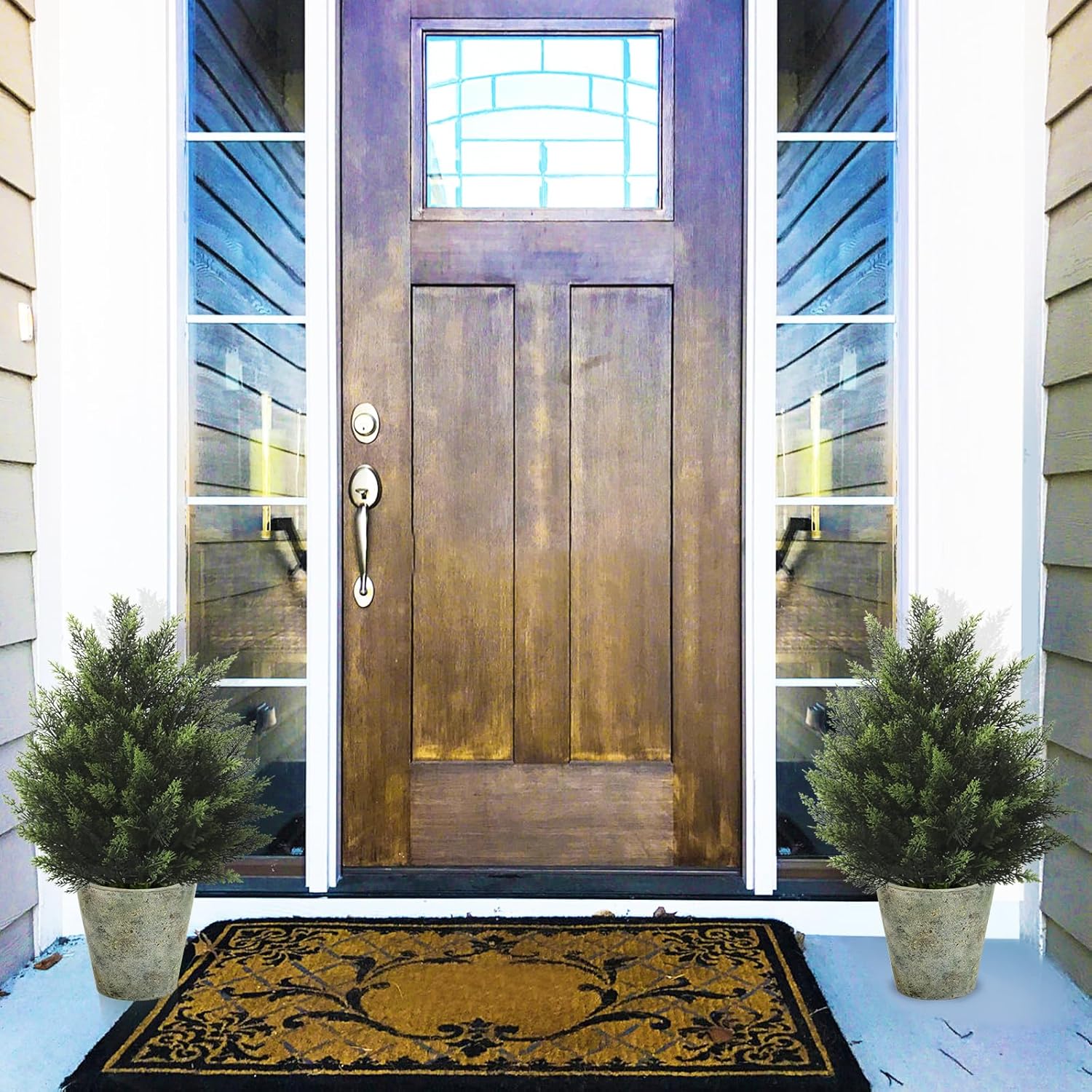 2FT Artificial Cedar Topiary Tree Lifelike Faux Cedar Pines Christmas Trees UV Rated Faux Shrubs Everygreen Plants for Front Porch Outdoor Decor Set of 2