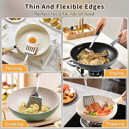 Miniatura 7 de Juego de 2 espátulas de silicona de acero inoxidable, espátula de metal sólido y ranurado, espátula resistente para uso en cocina, utensilios de