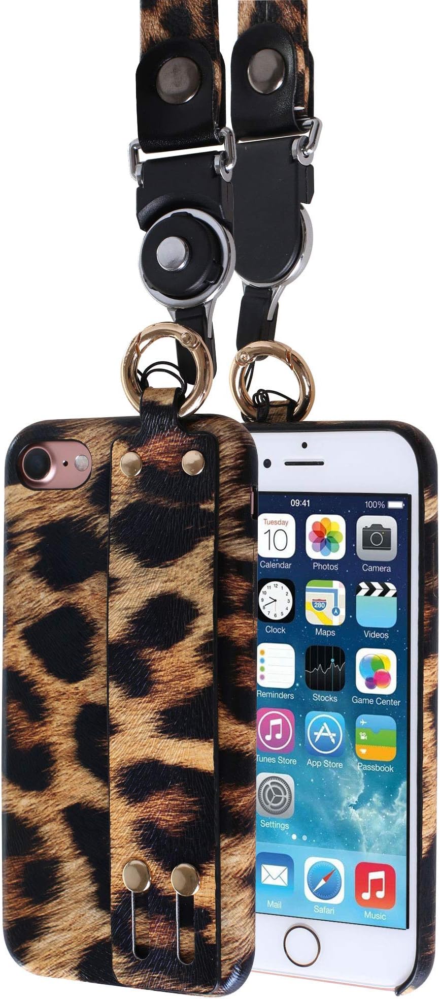 Girly Leopard iPhone 8 Case, Cell Phone Holder Strap with Stand - Detachable Lanyard Silm Fit Matte Natural Leather Leopard Pattern Loopy Case for Cheetah iPhone 7/8 (Brown)