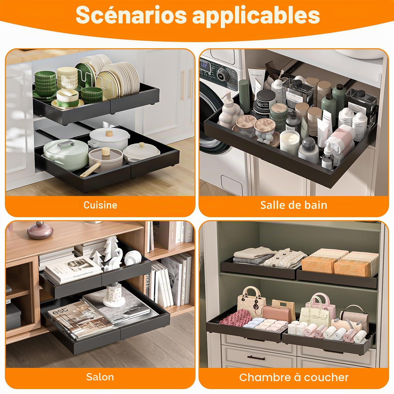 Diealles Shine Tiroir Coulissant Cuisine, Lot de 2 Largeur Réglable de 31-52CM Tiroir Coulissant Placard, Panier Coulissant pour Placard Rangement pas de Perçage Nécessaire