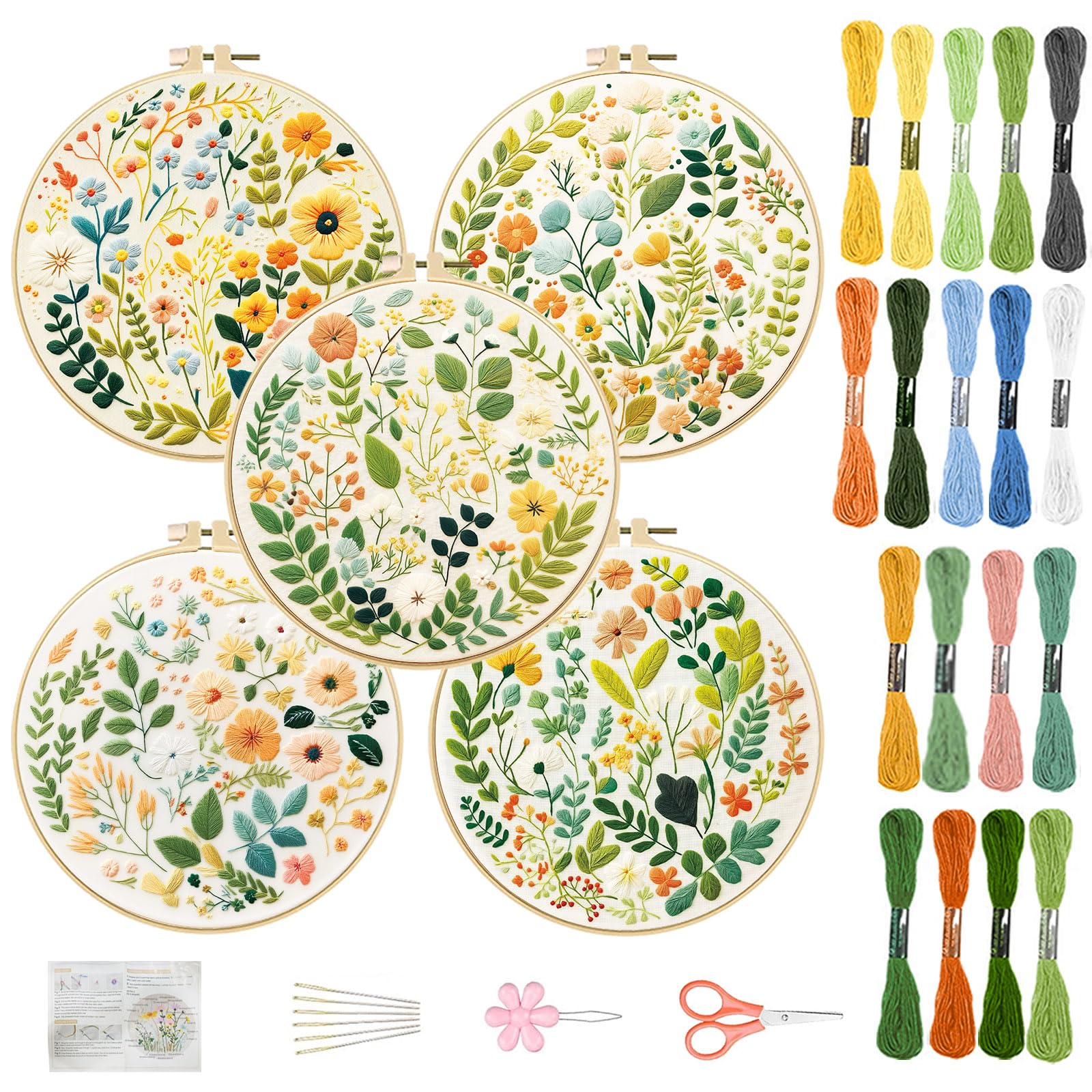 FREEBLOSS 5 Set Mit 11.6" Sticksets Für Anfänger Nadelspitzen Stickerei Starter Set Mit Kleinen Gestempelten Blumenmustern Anleitung Farbige Fäden 2 Reifen