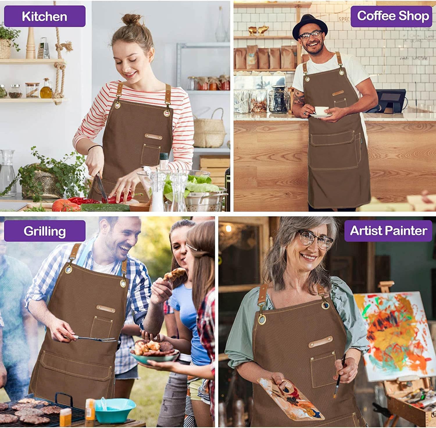 Chef Apron with Cross Back Straps for Men Women, Cotton Canvas Apron for Artists Painting, Kitchen Cooking - Image 7