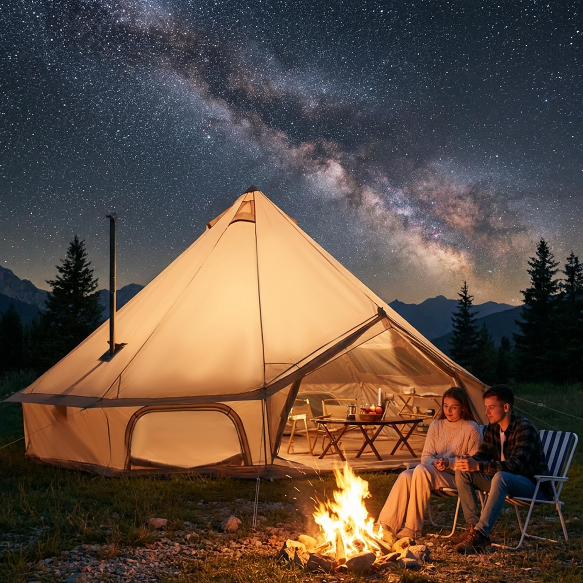 3 m / 4 m / 5 m Glockenzelt,4-Jahreszeiten Glamping Jurte für Camping, mit Ofendurchführung, Aufbewahrungstaschen, Dachfenster, Dachlüftungen, Netzfenstern