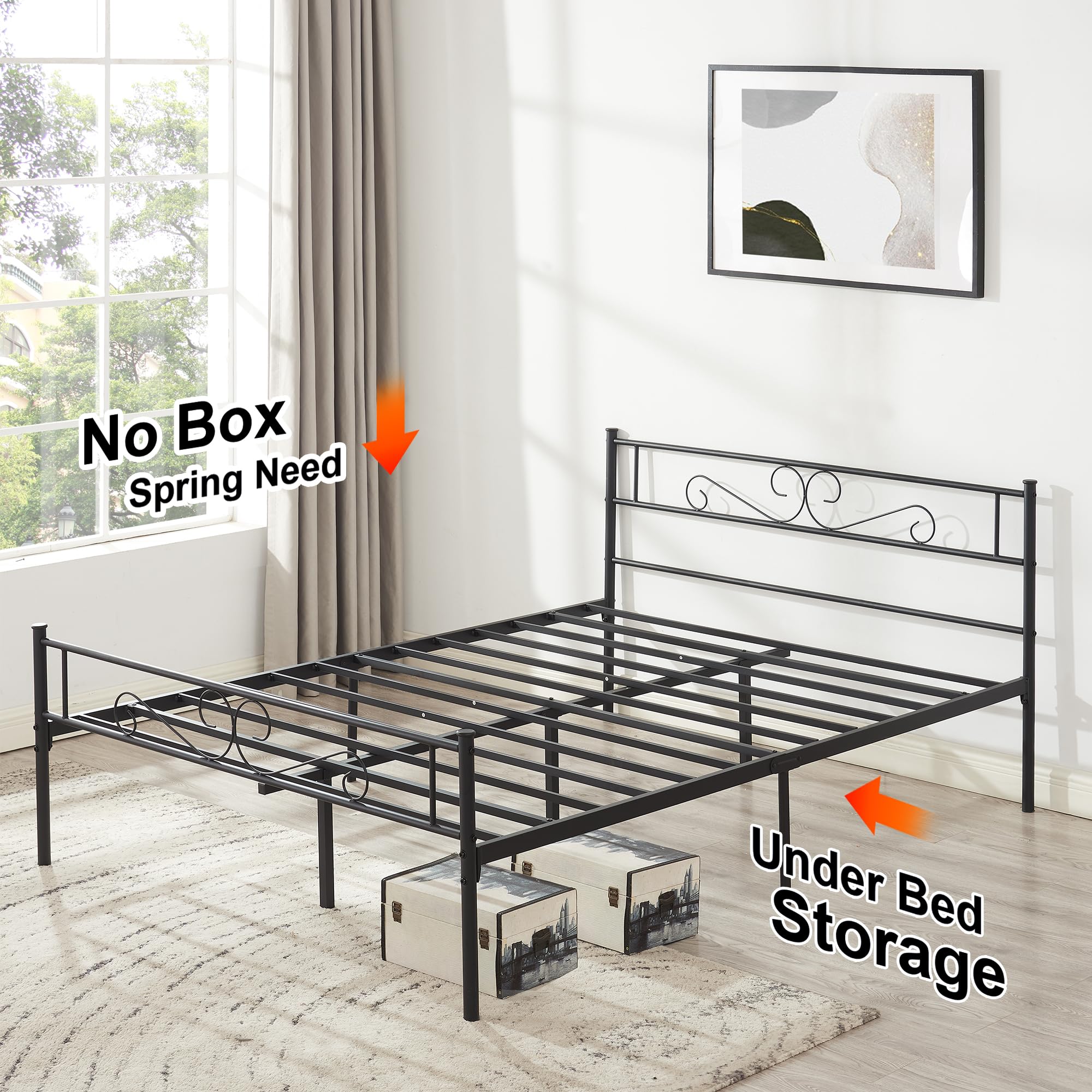 Queen Size VECELO Bed Frame with Headboard and Footboard, Heavy Duty Platform Mattress Foundation with 12'' Storage Space, No Box Spring Needed, Noise-Free, Easy Assembly, Black