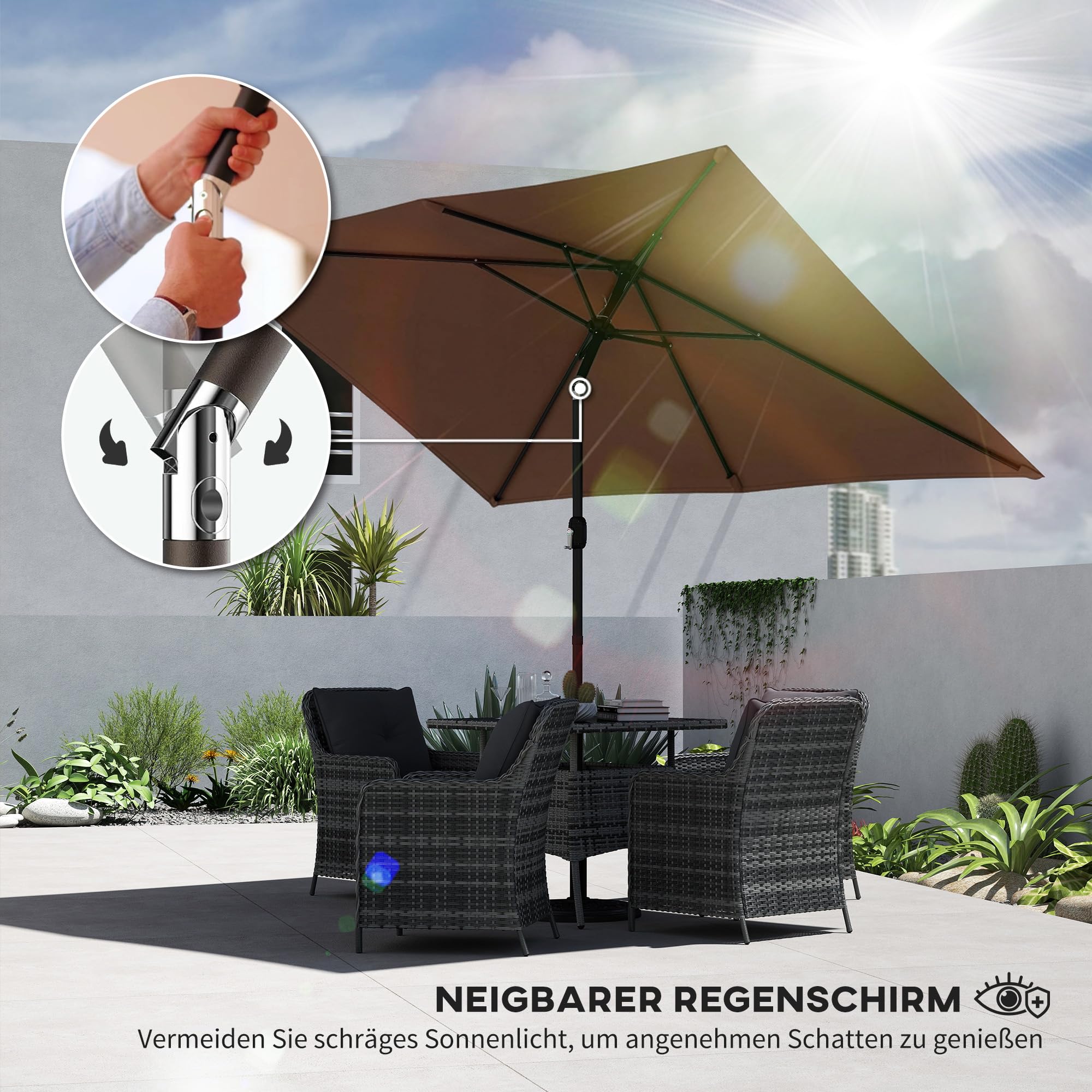 Outsunny Sonnenschirm 300 x 200 cm neigbar Balkonschirm mit Kurbel Schutzhülle, UV Schutz, Rechteckig Gartenschirm windfest stabil Marktschirm Sonnenschutz für Garten Balkon Terrasse - 4