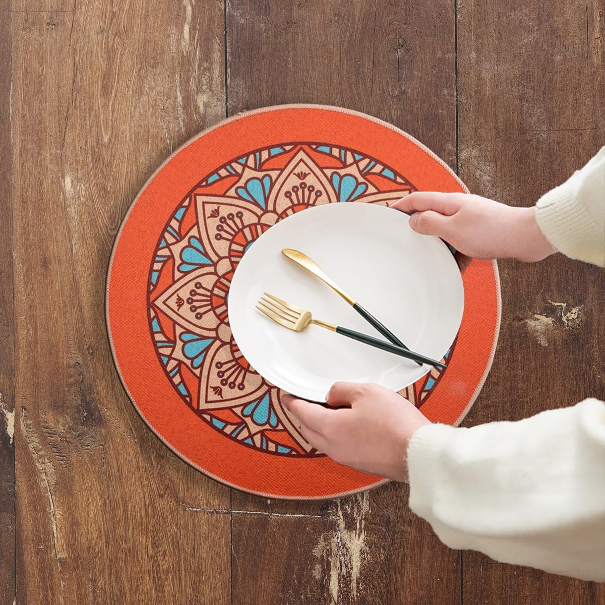 PIGCHCY Rubber Boho Placemats Set of 6, 15" Round Heat Resistant Placemat, Waterproof Washable Table Mats for Dining Table Decoration (Orange)