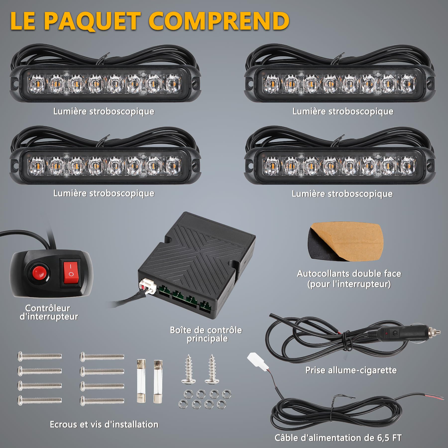Feux de Pénétration LED Orange 12/24V, 4×8 LED, 14 Modes | IP65 étanche, adapté aux conditions difficiles, avec feu stroboscopique LED orange pour camions et voitures