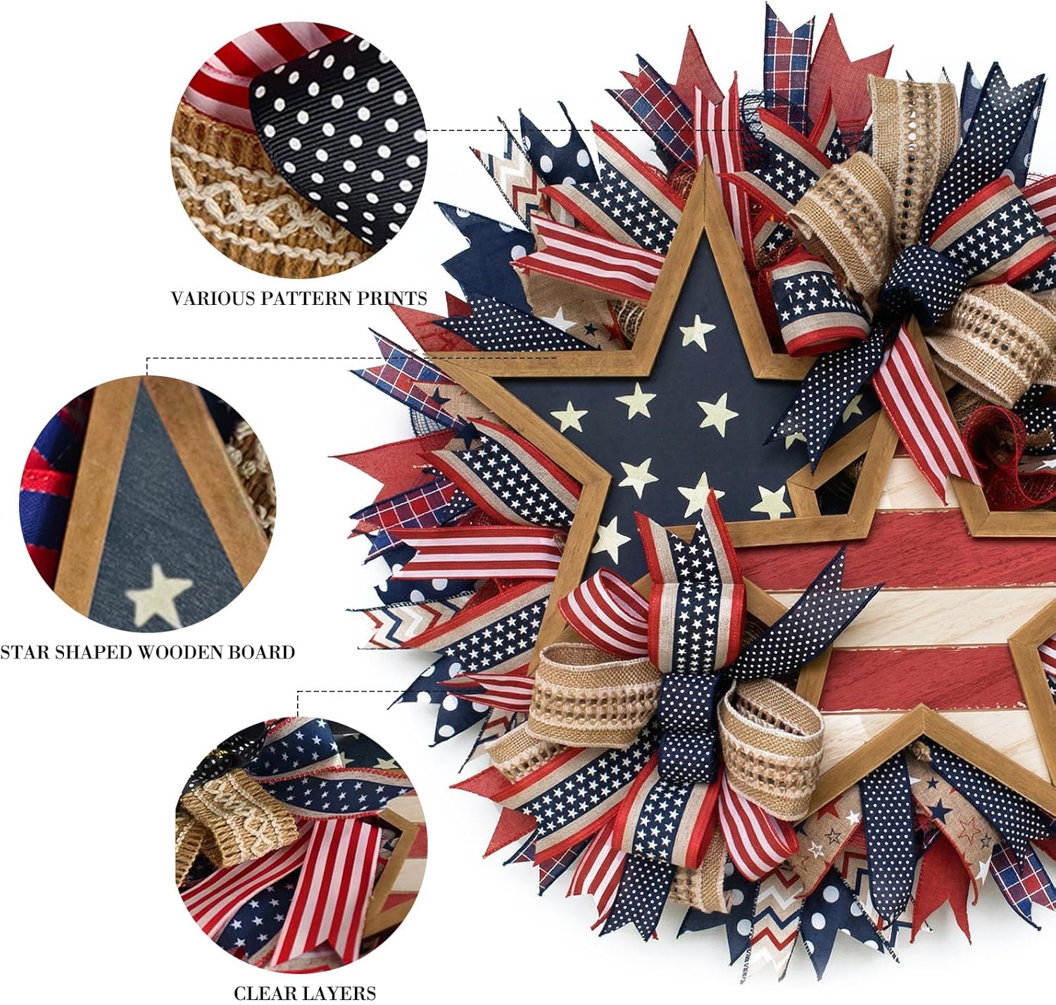 4th of July Patriotic Wreath 15.7 Inch, American Flag Wreaths for Front Door, Red White and Blue Weather Farmhouse Outdoor Holiday Decoration, Memorial Day Independence Day Spring Decor