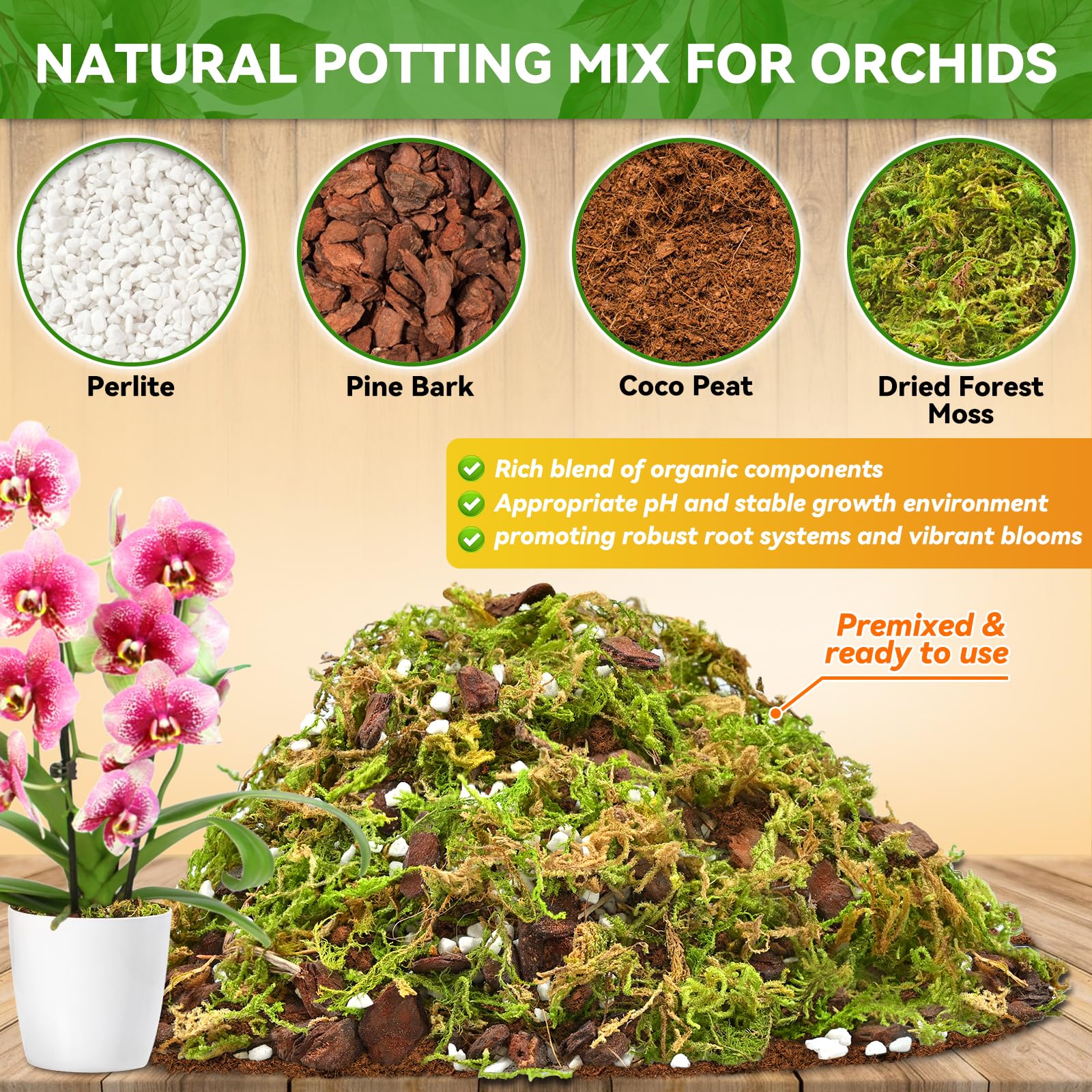 Riare Orchid Potting Mix for Repotting- 6L Orchid Repotting Kit Include Moss, Pine Bark, Perlite - Image 2