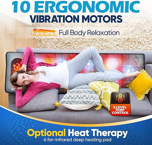 Miniatura 4 de Kitvance Alfombrilla de masaje, almohadilla de masaje vibrante de cuerpo completo con almohada de masaje de cuello Shiatsu desmontable, 10 motores