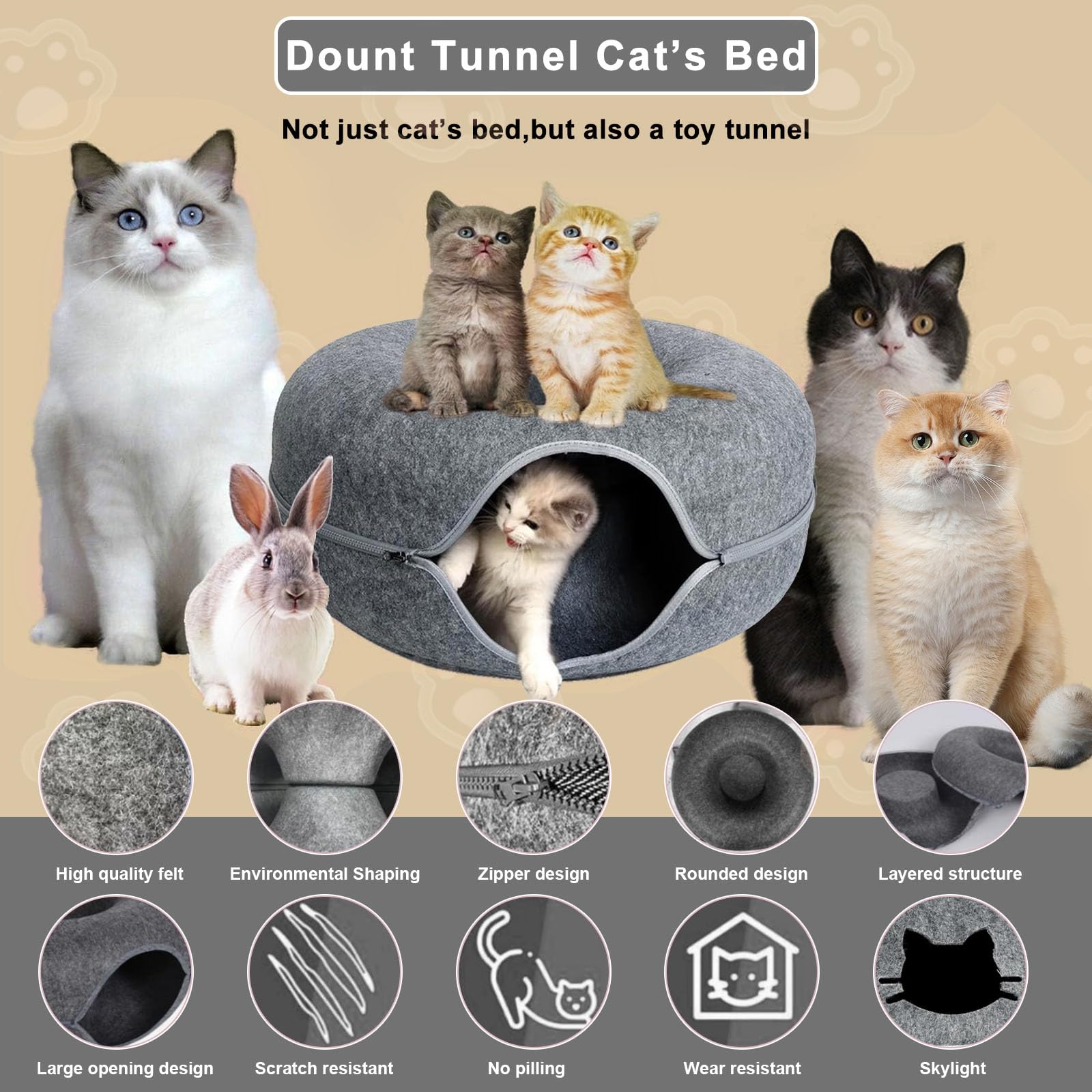 Zacht Vilten Hol Voor Kat KunpengZen Vilten Donut Kattenbed & Tunnel - Afneembaar Speelgoed En Slaapplek Voor Je Kat Geurvast Katten Speelgoed