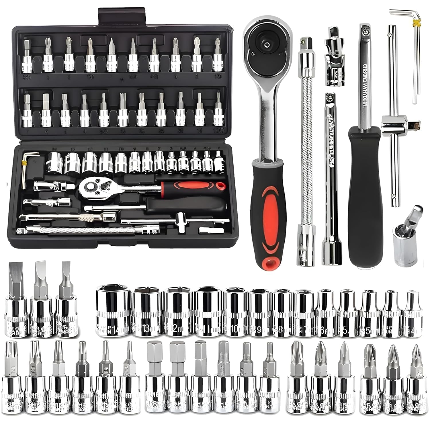 46 In 1 Pcs Tool Kit Chrome Vanadium Steel | Screwdriver set | Hand Tools | Wrench Set | Multi Purpose | Combination Case | Precision Socket | Bike, Car (46 in 1 Tool Kit)