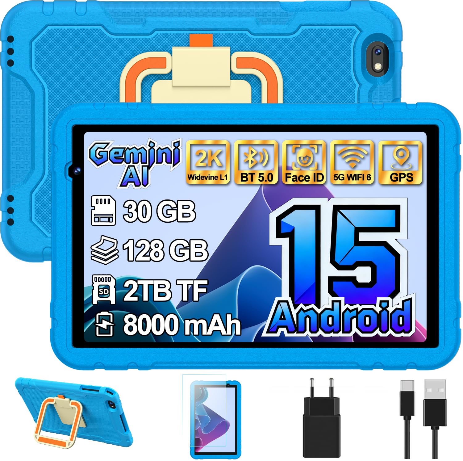 Tablet 10 Pulgadas Android 15 Gemini AI 30+128GB Octa-Core GPS WiFi 6 Widevine L1 8000mAh Control Parental Azul