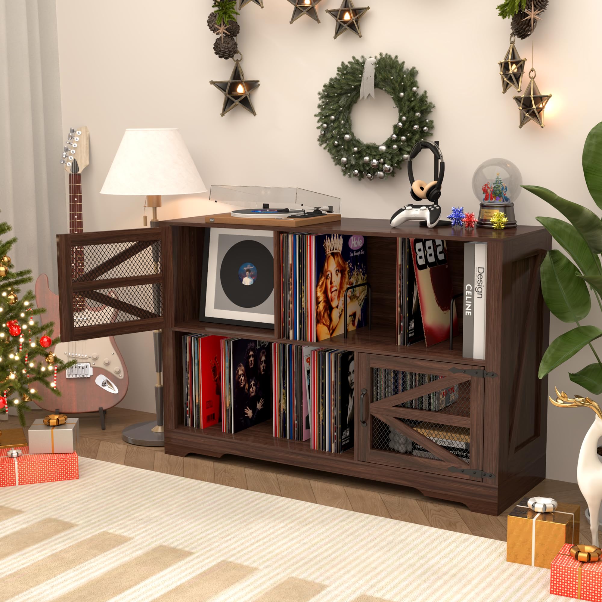 MDF Mueble para Discos de Vinilo con Acabado Nogal,Soporte para 500+ Vinilos, 2 Enchufes & 2 USB, Antivuelco, Mueble Compacto para Salón y Tocadiscos,Color Nogal（120×40×80cm）