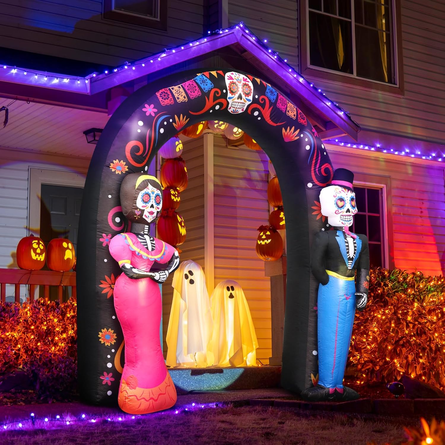 Kitticcino Day of the Dead Inflatable 8 FT Halloween Inflatables Sugar Skull Couple Archway Built-In LED Lights Blow Up Dia de Los Muertos Decorations Lighted Outdoor Home Lawn Yard Garden Party Decor