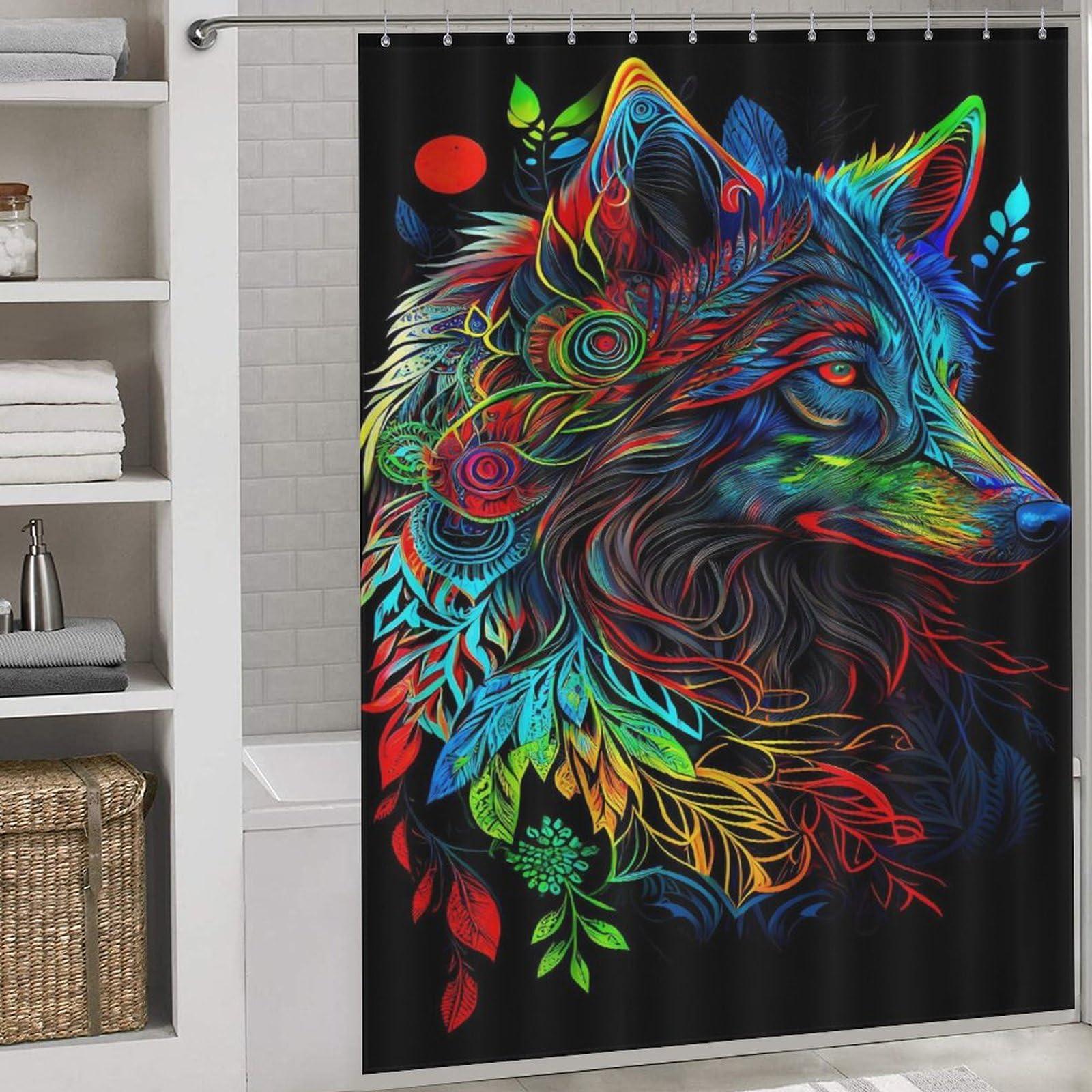 Rideau de douche anti éclaboussures loup en tissu lavable 12 crochets