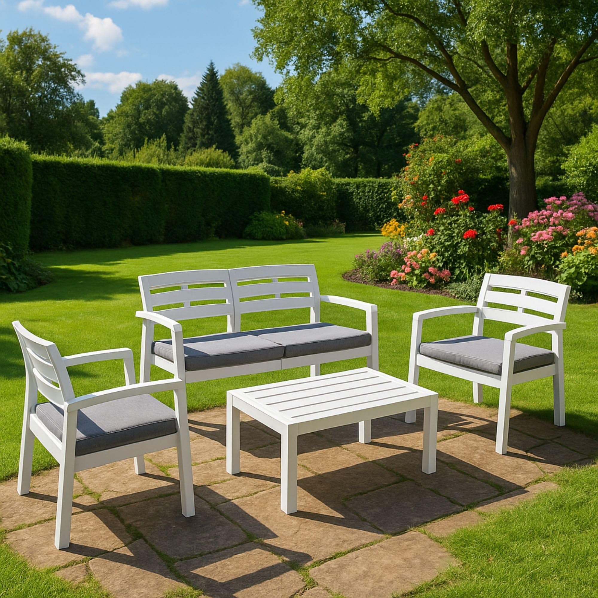 Dmora Set Salotto da Esterno Massa, Composizione da Giardino con 2 poltrone, 1 Divano ed 1 tavolino, Salottino Indoor e Outdoor con Cuscini, 100% Made in Italy, Bianco, Medio
