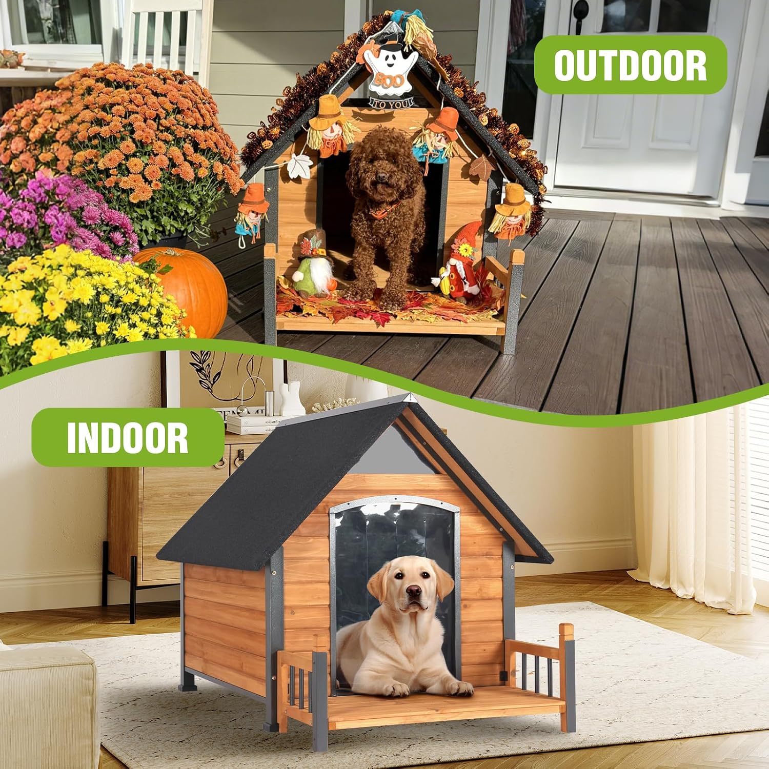 GUTINNEEN Heated Outdoor Dog House Insulated Weatherproof Dog Kennel with All-Around Metal Frame, Anti-Bite Puppy Home with Porch, Dog Shelter for Large Breed (Brown, 50.9'' Large)