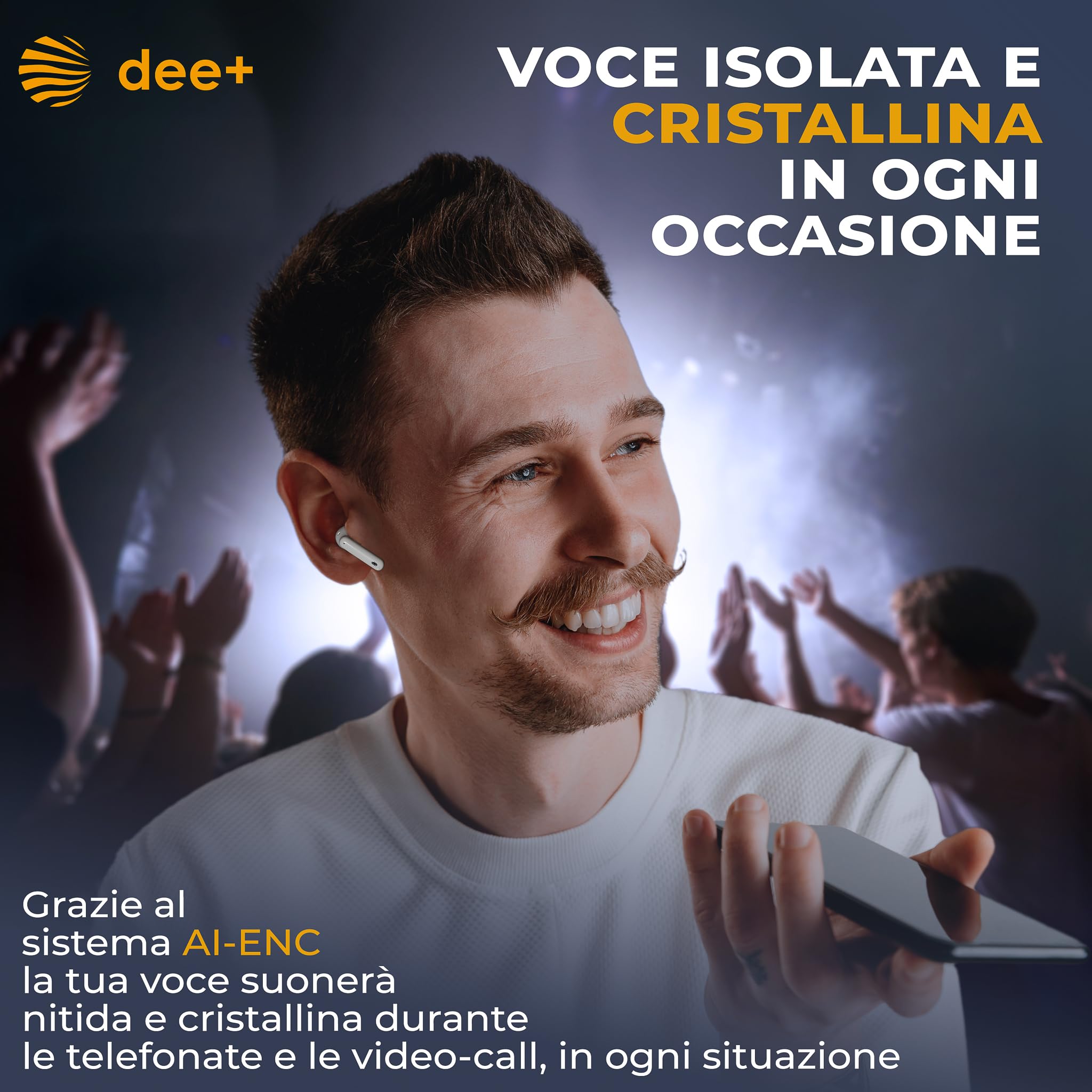 Dee+ Cuffie Bluetooth Con Cancellazione Attiva del Rumore | Auricolari Bluetooth ENC Pulizia Voce in Chiamata | Cuffie Wireless Musica Immersiva | Auricolari Microfono Stereo e Touch Control (Bianco)
